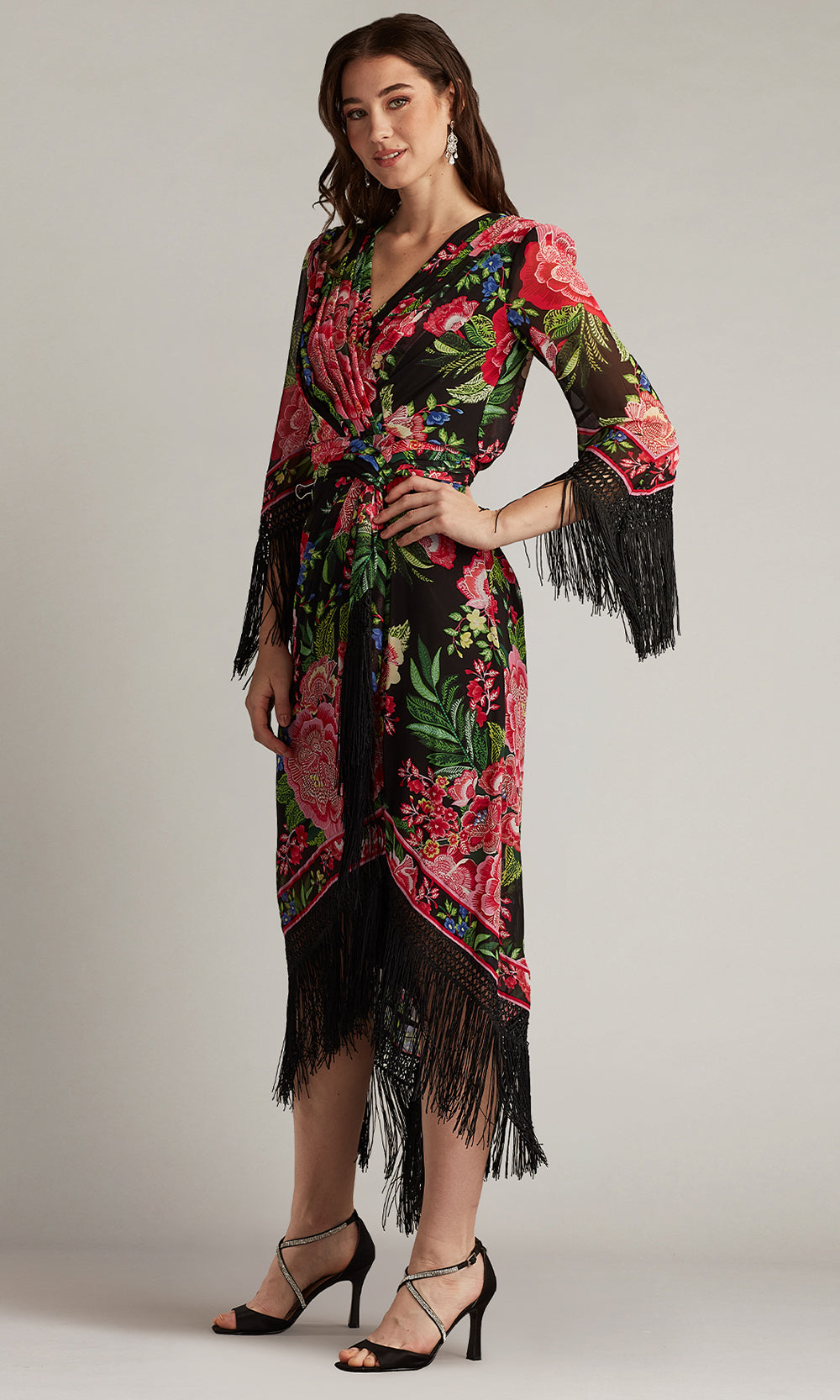 Tadashi Shoji CHZ25450MD - V-Neck Mair Floral Print Tassel Fringe Wrap Dress Formal Gowns