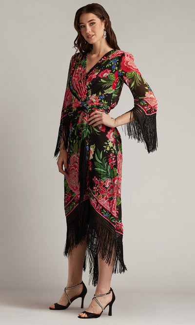 Tadashi Shoji CHZ25450MD - V-Neck Mair Floral Print Tassel Fringe Wrap Dress Formal Gowns