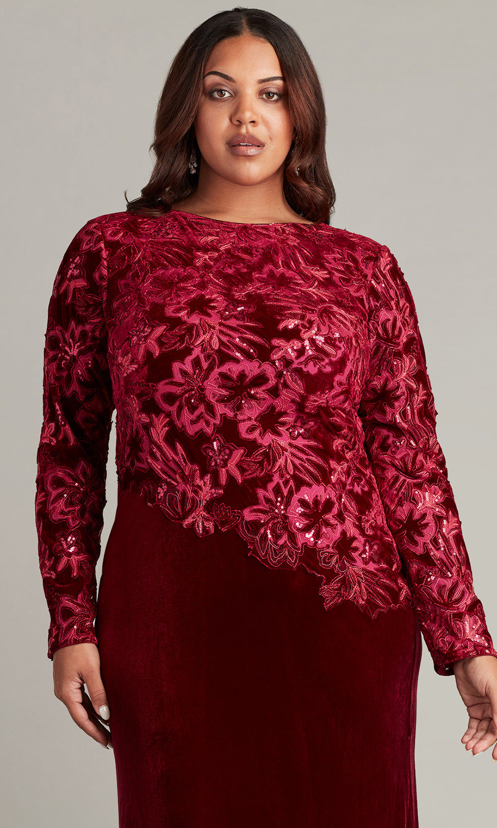 Tadashi Shoji CCG16206LXYQ - Gatlin Sequin Burnout Velvet Evening Gown - PLUS SIZE Formal Gowns in Pink and Red