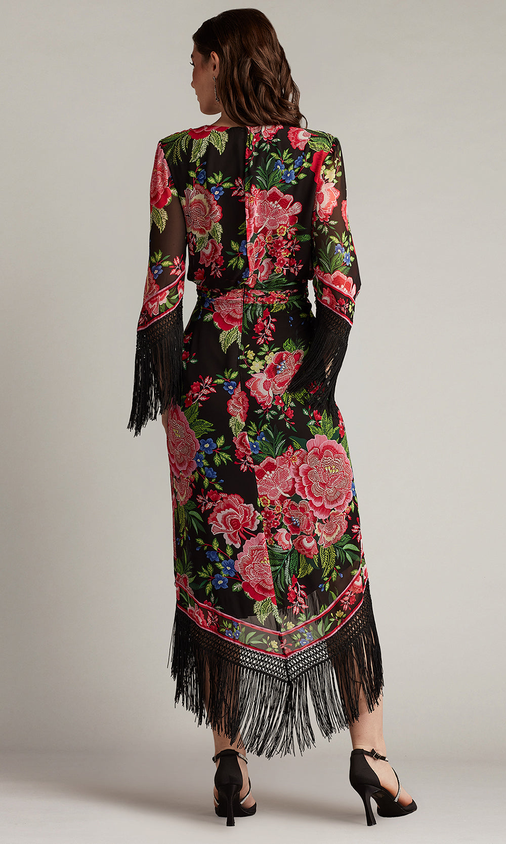 Tadashi Shoji CHZ25450MD - V-Neck Mair Floral Print Tassel Fringe Wrap Dress Formal Gowns