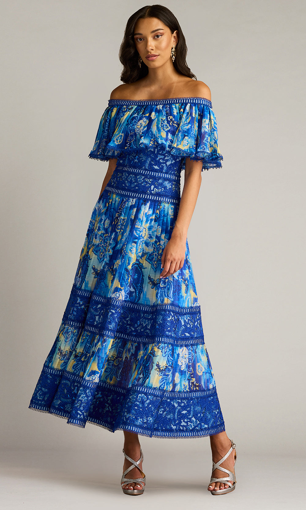 Tadashi Shoji CHP25187MD - Off Shoulder Amary Floral Pleated Chiffon Midi Dress Homecoming Dresses