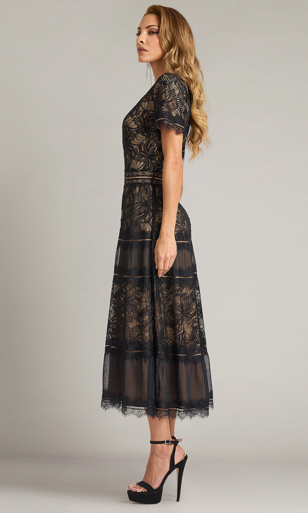 Tadashi Shoji CKI20506MD - Lace Bodice V-Neckline Midi Dress Cocktail Dresses in Black and Neutral