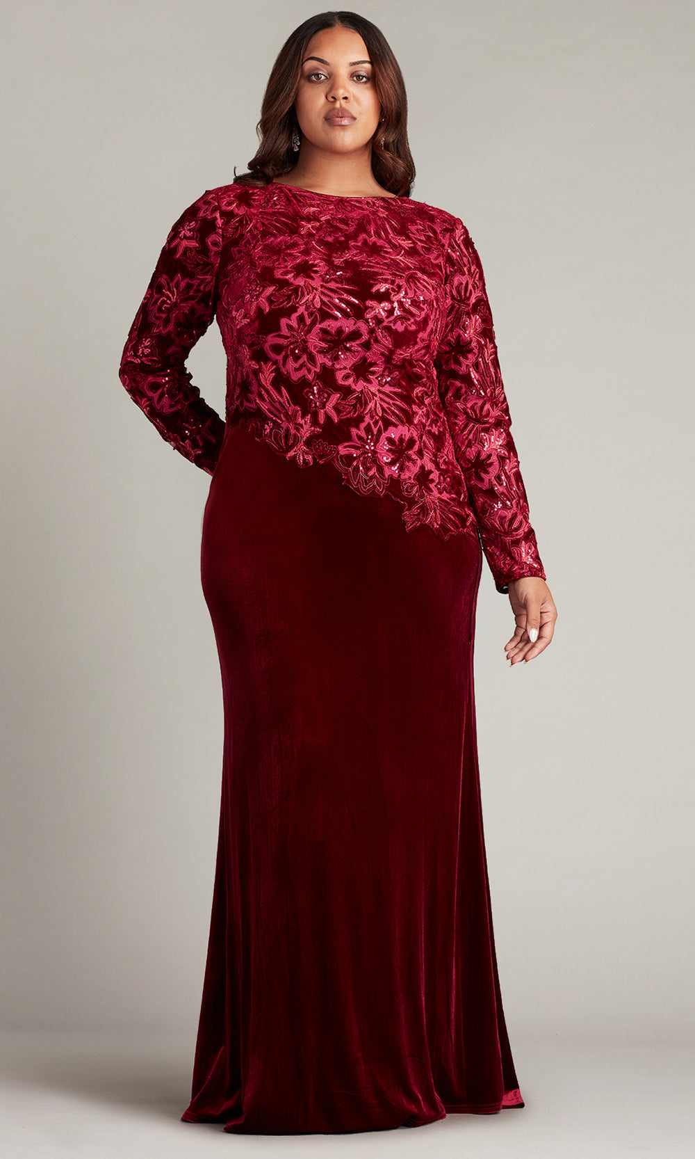 Tadashi Shoji CCG16206LXYQ - Gatlin Sequin Burnout Velvet Evening Gown - PLUS SIZE Formal Gowns in Pink and Red