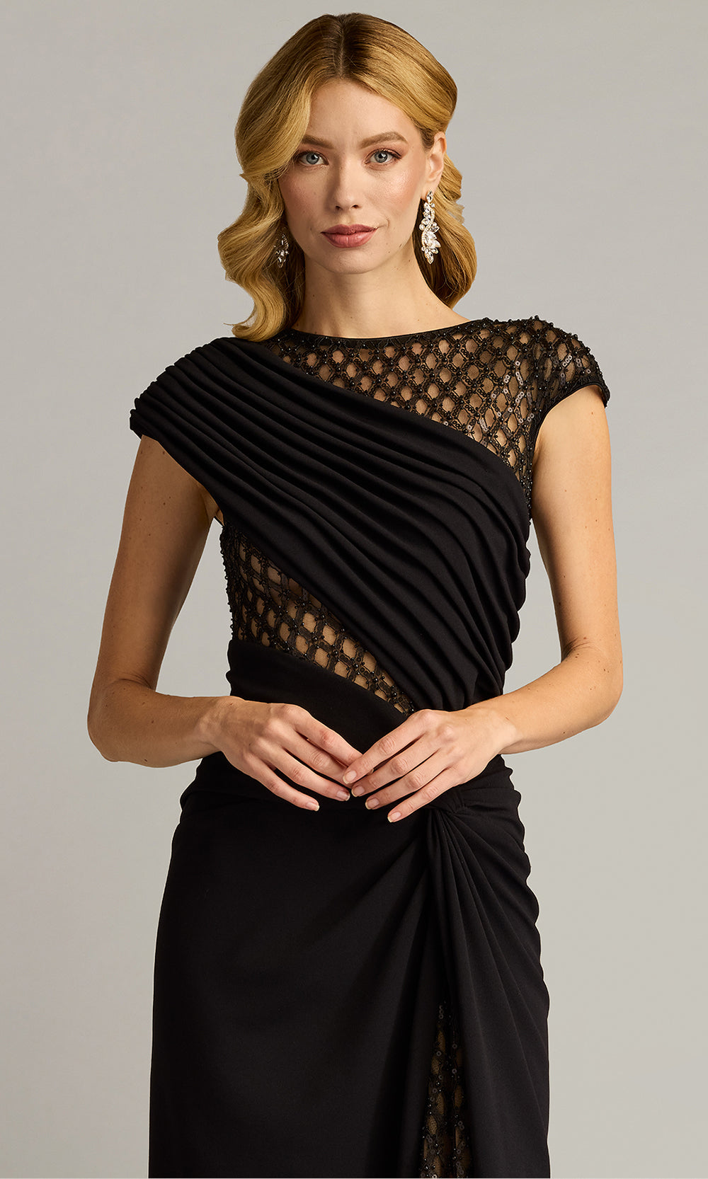 Tadashi Shoji CHI24388L - Jetta Peek-A-Boo Illusion Cap Sleeve Gown Mother of the Bride Dresses in Black  