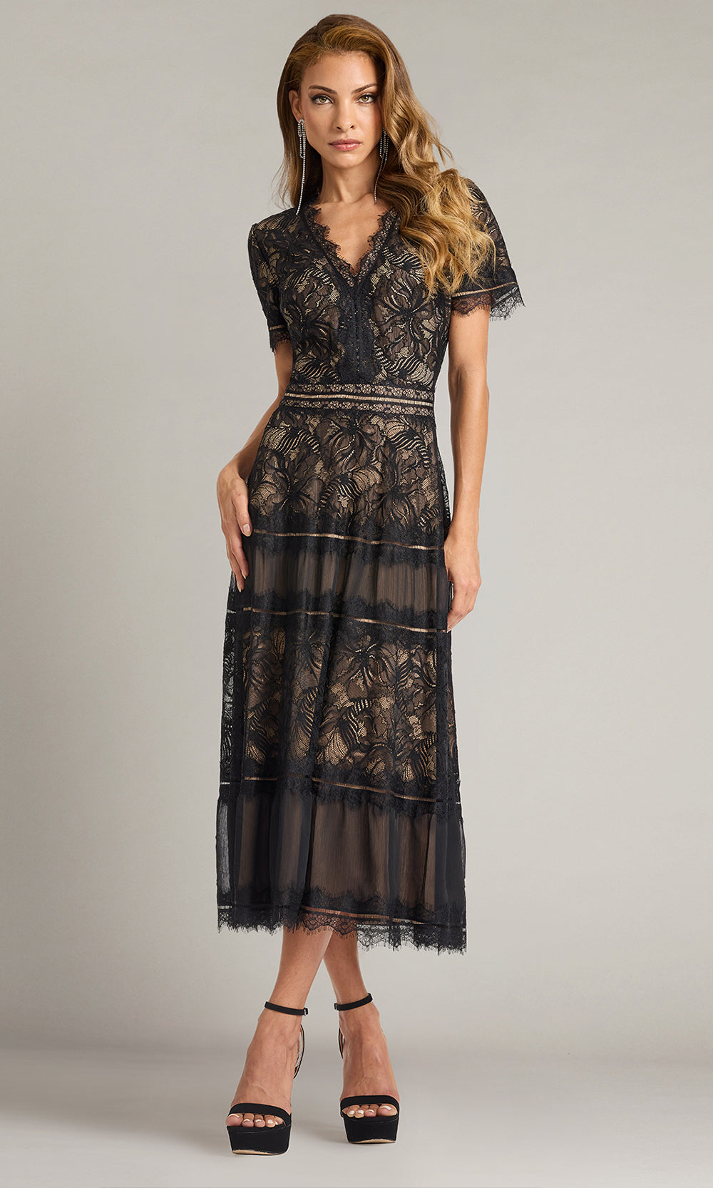 Tadashi Shoji CKI20506MD - Lace Bodice V-Neckline Midi Dress Cocktail Dresses in Black and Neutral