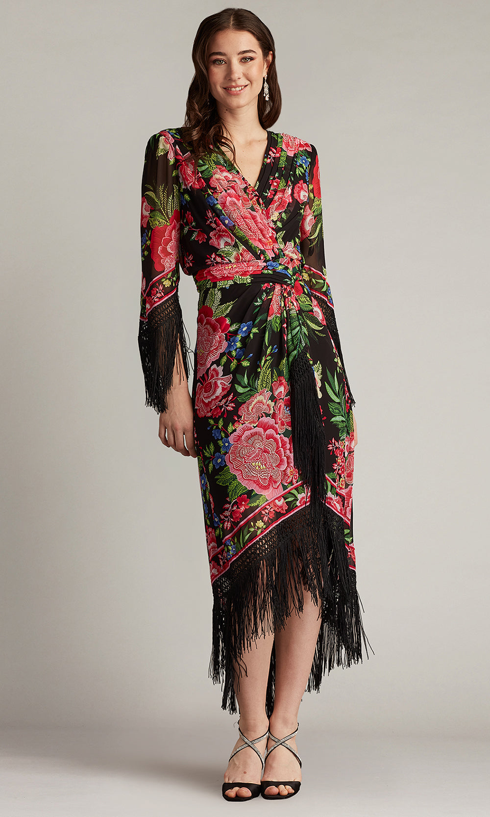 Tadashi Shoji CHZ25450MD - V-Neck Mair Floral Print Tassel Fringe Wrap Dress Formal Gowns
