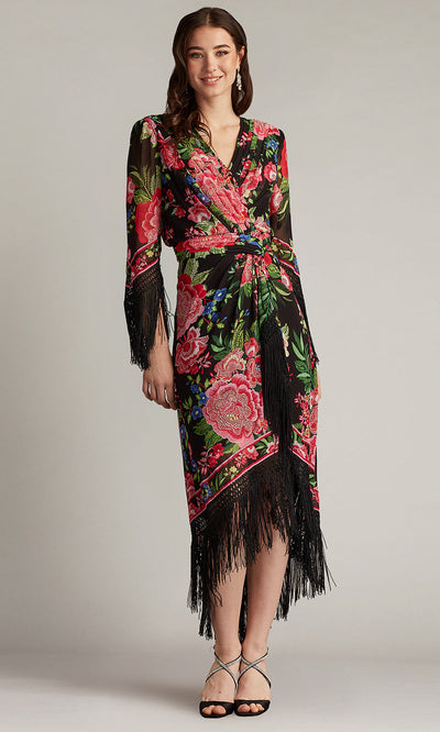 Tadashi Shoji CHZ25450MD - V-Neck Mair Floral Print Tassel Fringe Wrap Dress Formal Gowns