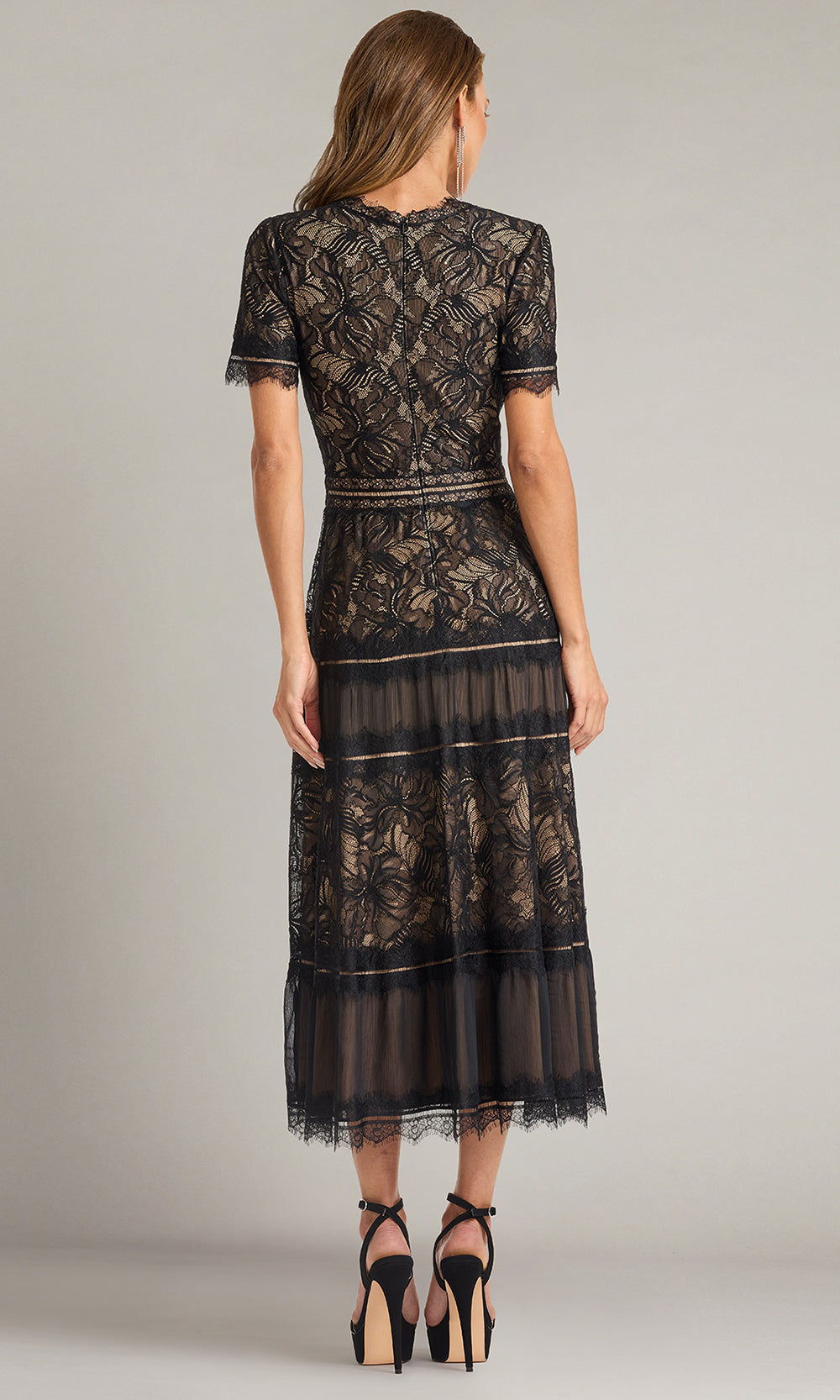 Tadashi Shoji CKI20506MD - Lace Bodice V-Neckline Midi Dress Cocktail Dresses in Black and Neutral