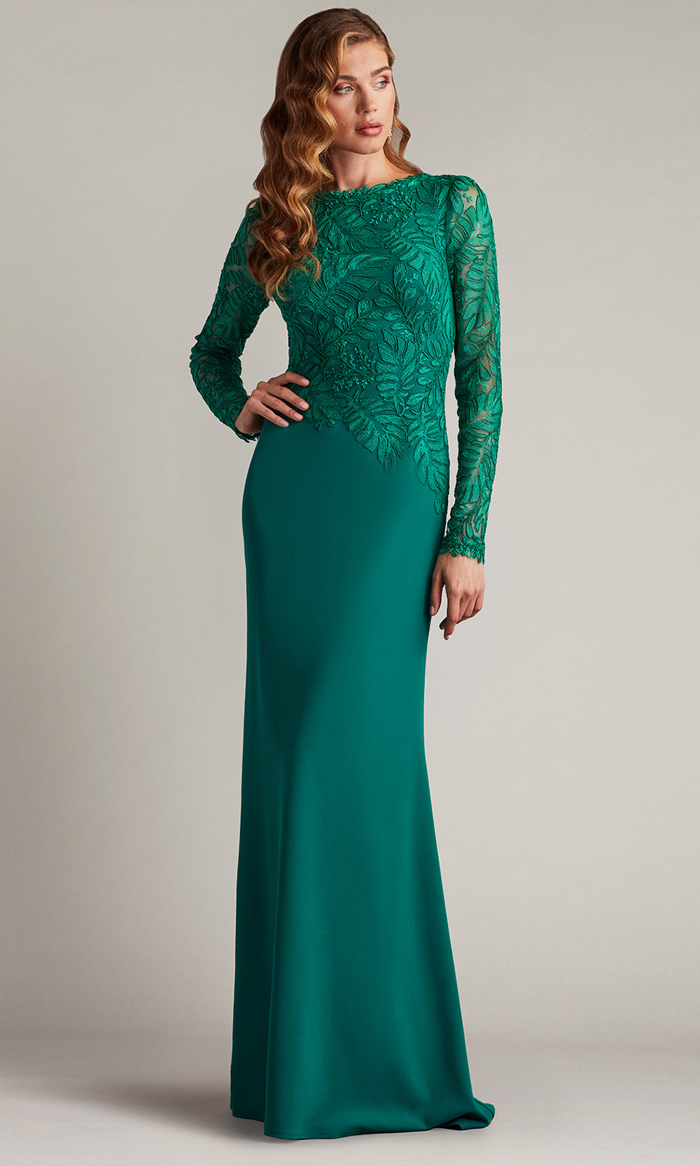 Tadashi Shoji CHU16206LXY - Caliste Embroidered Crepe Long Sleeve Gown Prom Dresses in Green  