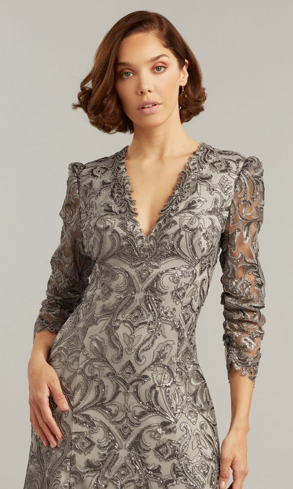 Tadashi Shoji BTN21187MD - Embroidered Vivar Handkerchief Hem Dress Mother of the Bride Dresses in Gray  