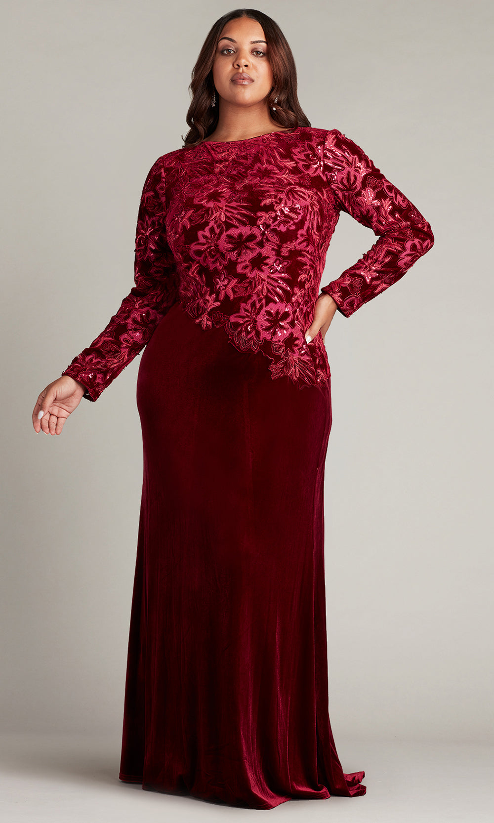 Tadashi Shoji CCG16206LXYQ - Gatlin Sequin Burnout Velvet Evening Gown - PLUS SIZE Formal Gowns in Pink and Red