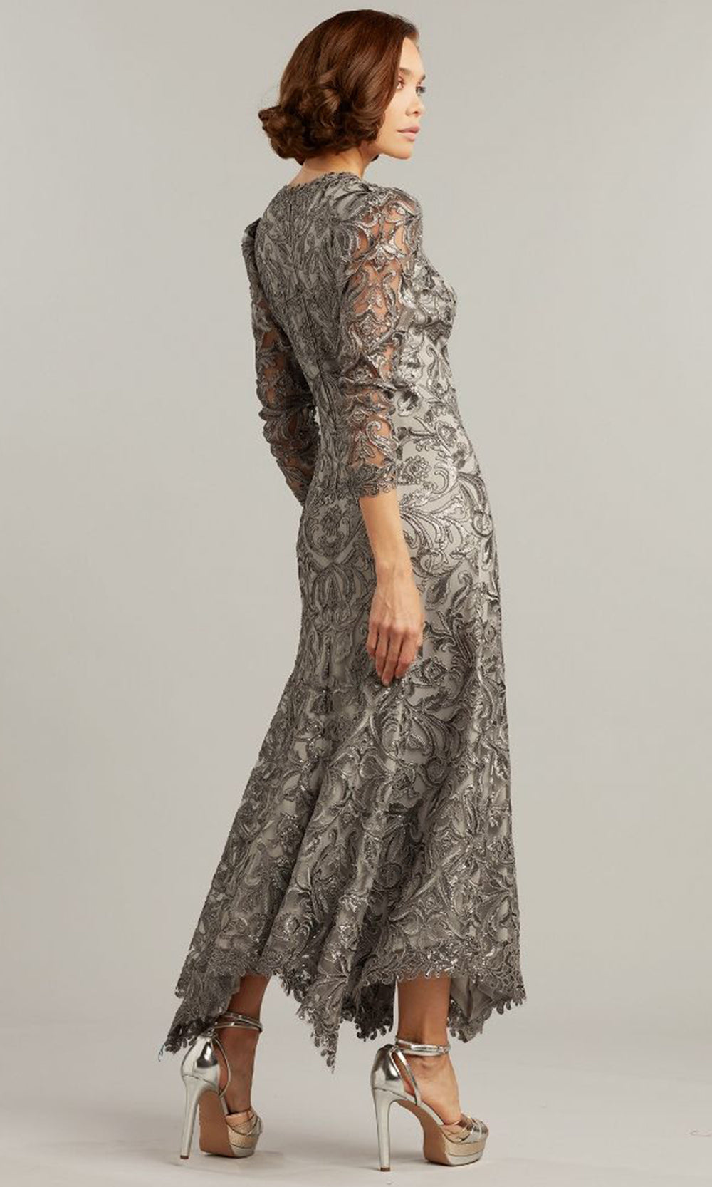 Tadashi Shoji BTN21187MD - Embroidered Vivar Handkerchief Hem Dress Mother of the Bride Dresses in Gray  