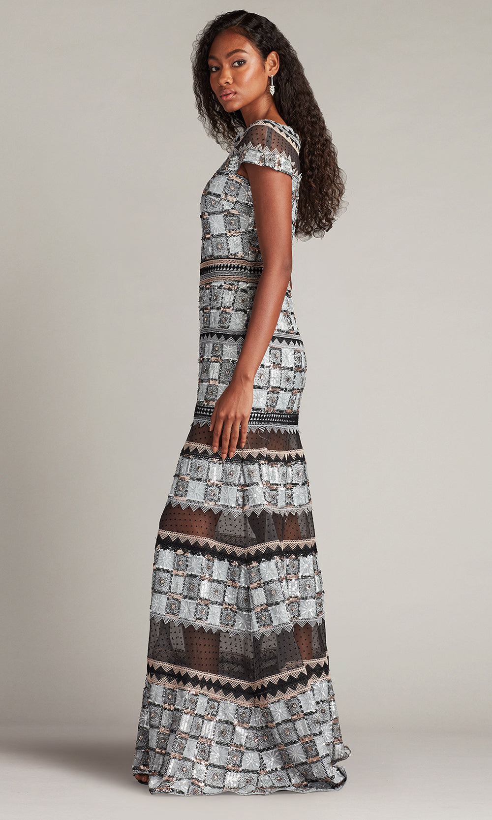 Tadashi Shoji Women's Jovie Sequin Embroidered Illusion Gown - Gray - Size 8 - Grey Tadashi Shoji Women's Jovie Sequin Embroidered Illusion Gown - Gray - Size 8 - Grey