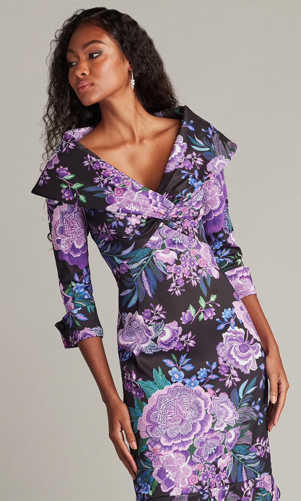 Tadashi Shoji Women's Blythe Floral Portrait Collar Gown - Purple - Size M - Black, Purple and Green Tadashi Shoji Women's Blythe Floral Portrait Collar Gown - Purple - Size M - Black, Purple and Green