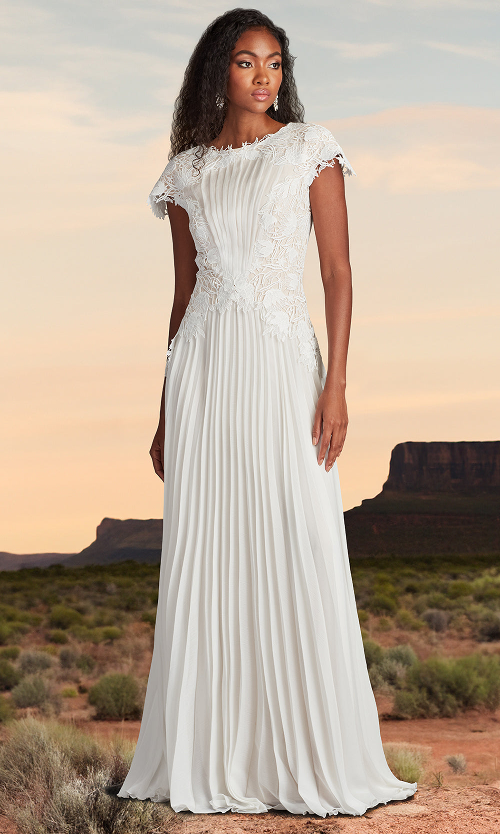 Tadashi Shoji CHY25427L - Cassiel Pleated Chiffon Evening Gown Bridal Dresses in White  