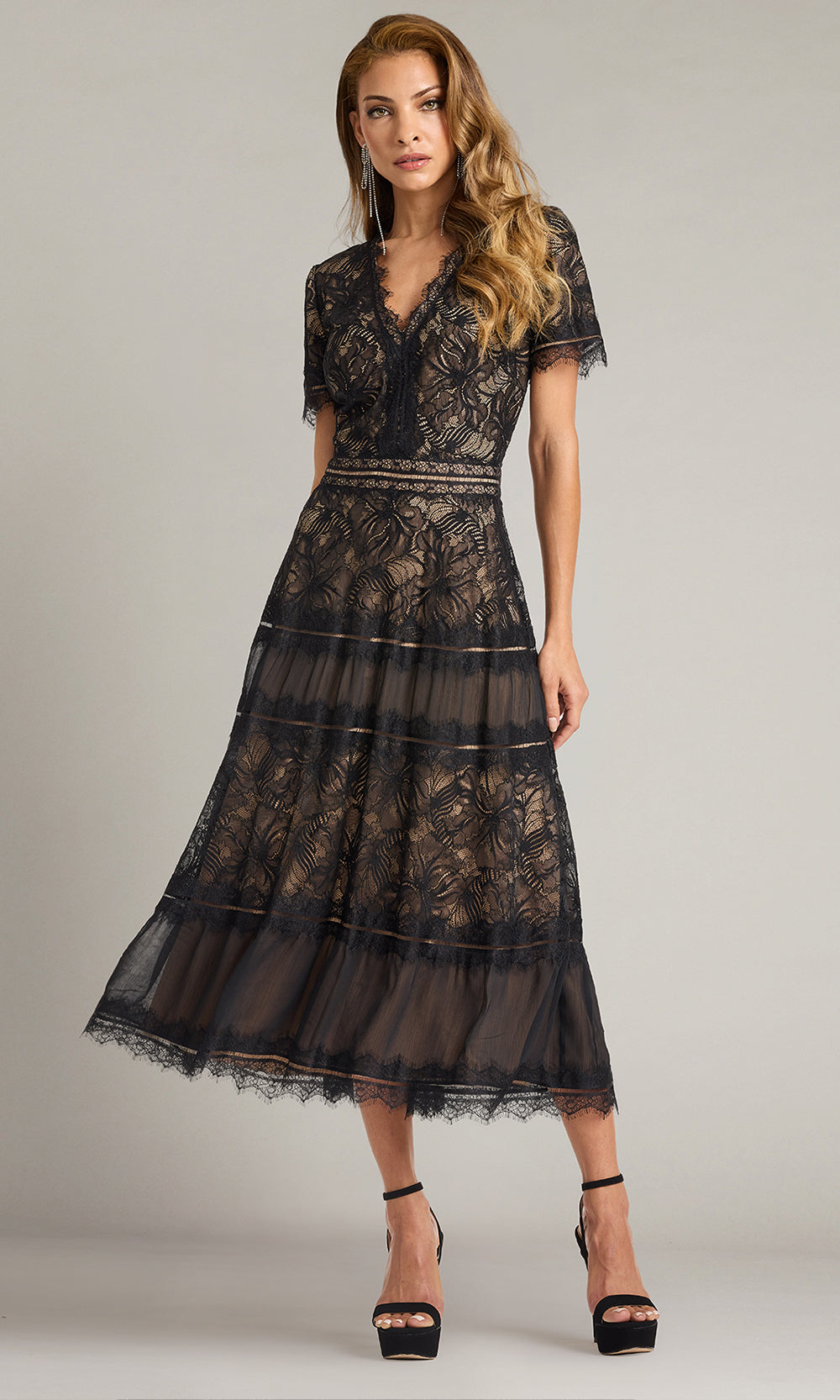 Tadashi Shoji CKI20506MD - Lace Bodice V-Neckline Midi Dress Cocktail Dresses in Black and Neutral