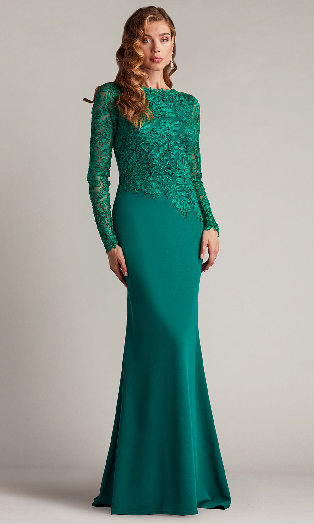 Tadashi Shoji CHU16206LXY - Caliste Embroidered Crepe Long Sleeve Gown Prom Dresses in Green  
