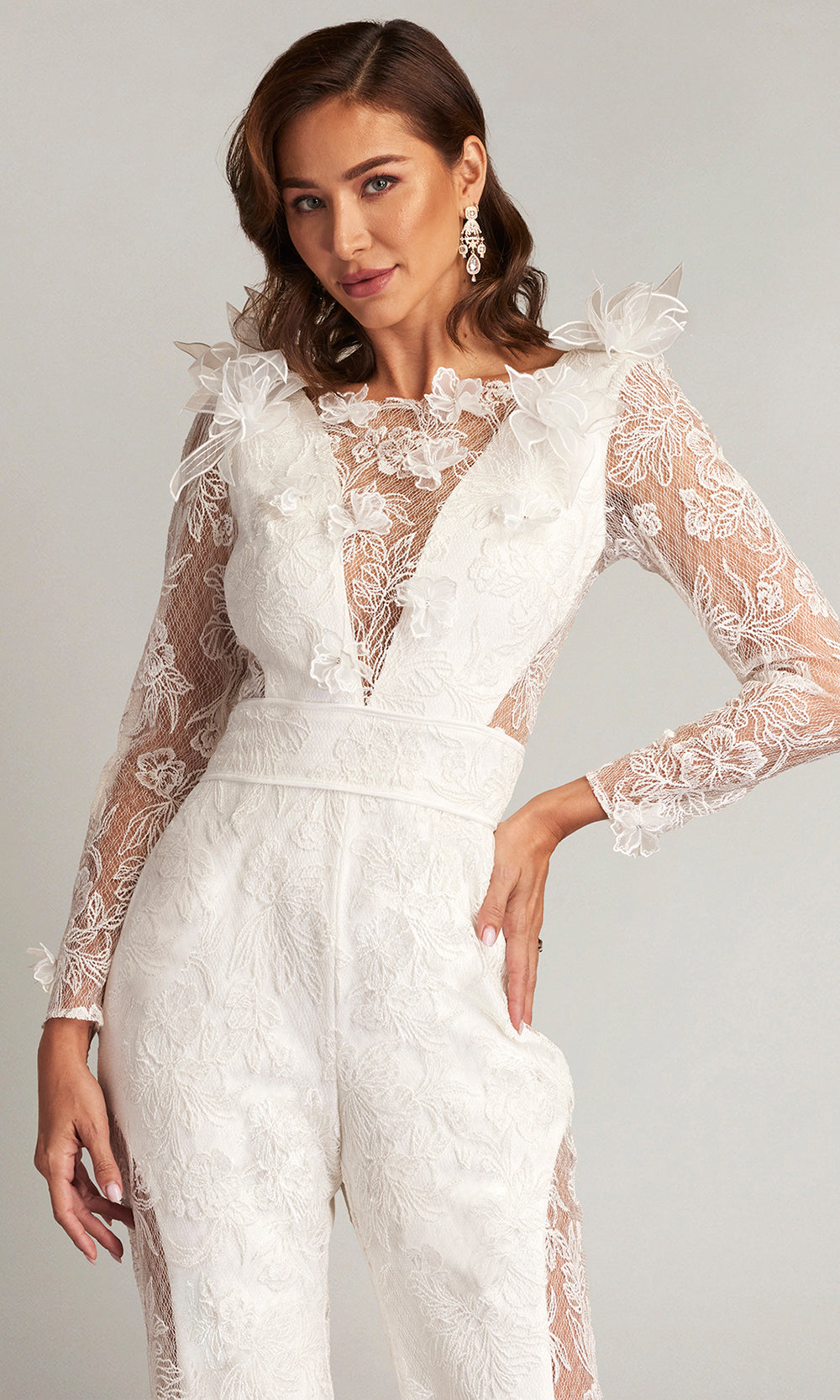 Tadashi Shoji CDV24318YBR - Enger 3D Floral Embroidered Evening Jumpsuit Formal Pantsuits in Ivory  