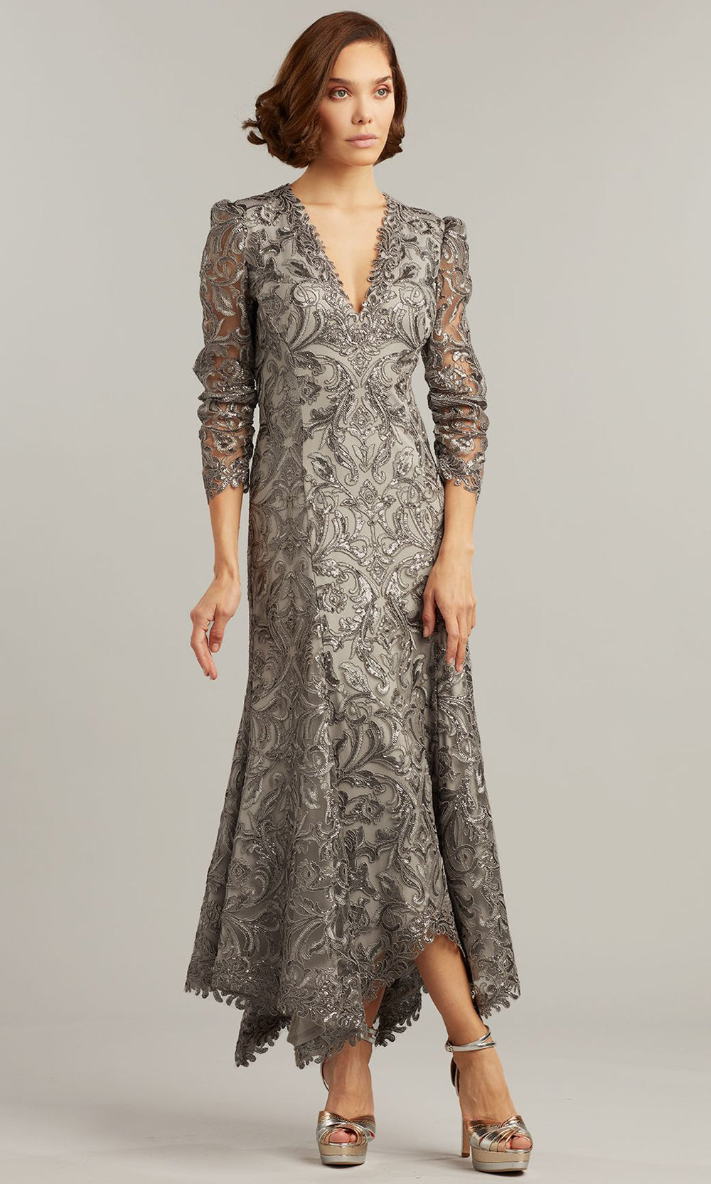 Tadashi Shoji BTN21187MD - Embroidered Vivar Handkerchief Hem Dress Mother of the Bride Dresses in Gray  