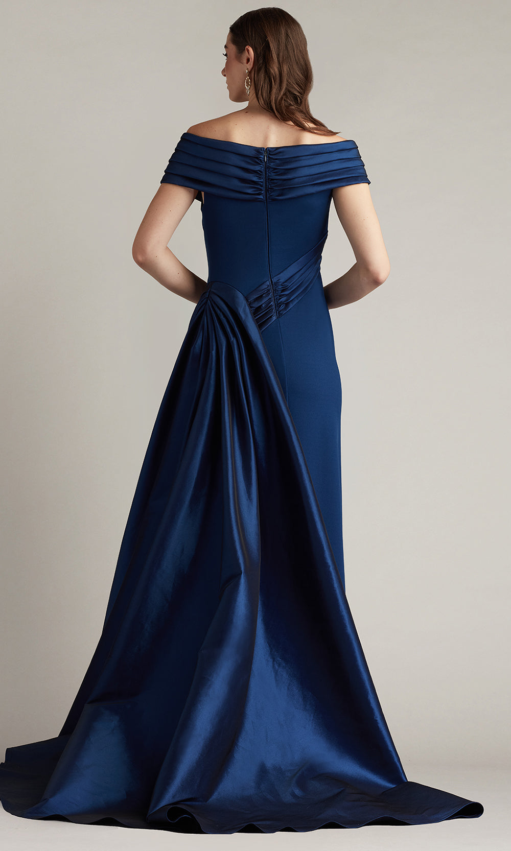 Tadashi Shoji BOS25530L - Off Shoulder Elysian Draped Overlay Train Gown Prom Dresses in Navy  