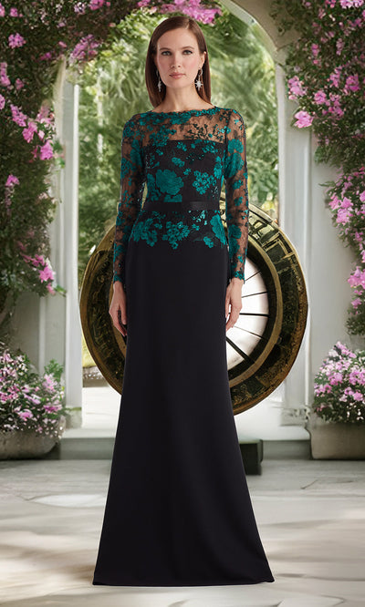 Tadashi Shoji CGU25804L - Beacon Belted Embroidered Illusion Sheath Gown Formal Gowns