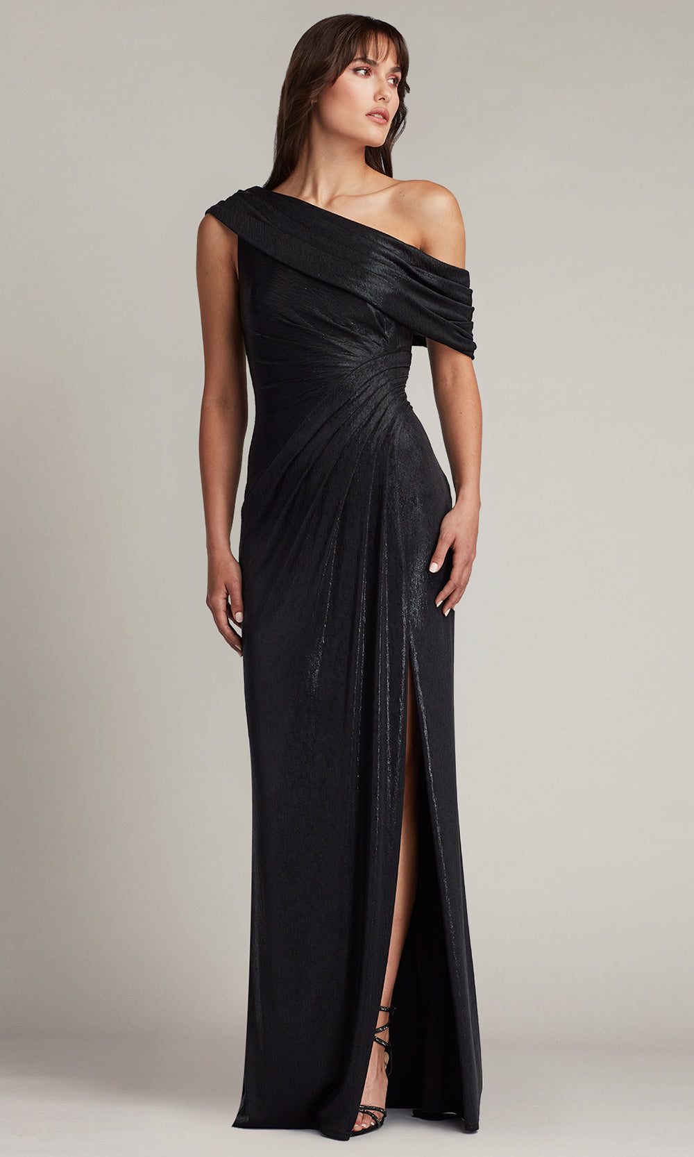 Tadashi Shoji BSJ20181L - Leary Metallic Slit Draped One-Shoulder Gown Tadashi Shoji BSJ20181L - Leary Metallic Slit Draped One-Shoulder Gown