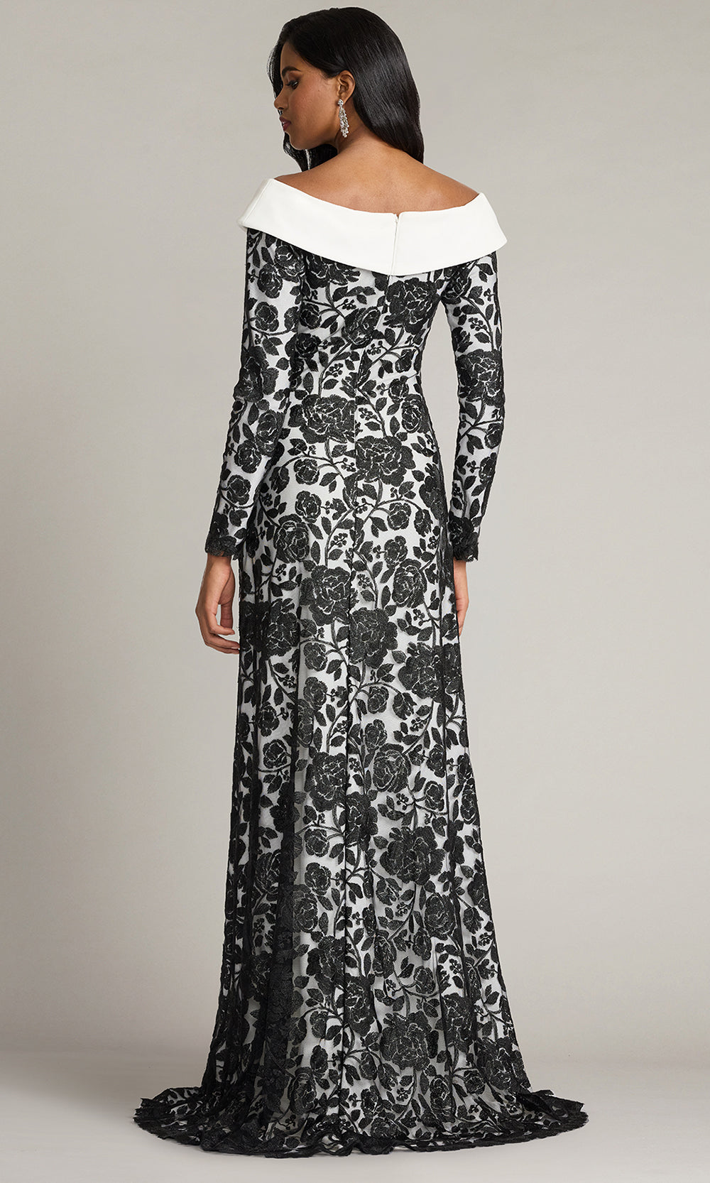 Tadashi Shoji CJH26120L - Melara Off-Shoulder Embroidered Crepe Formal Gown Formal Gowns in Black and White