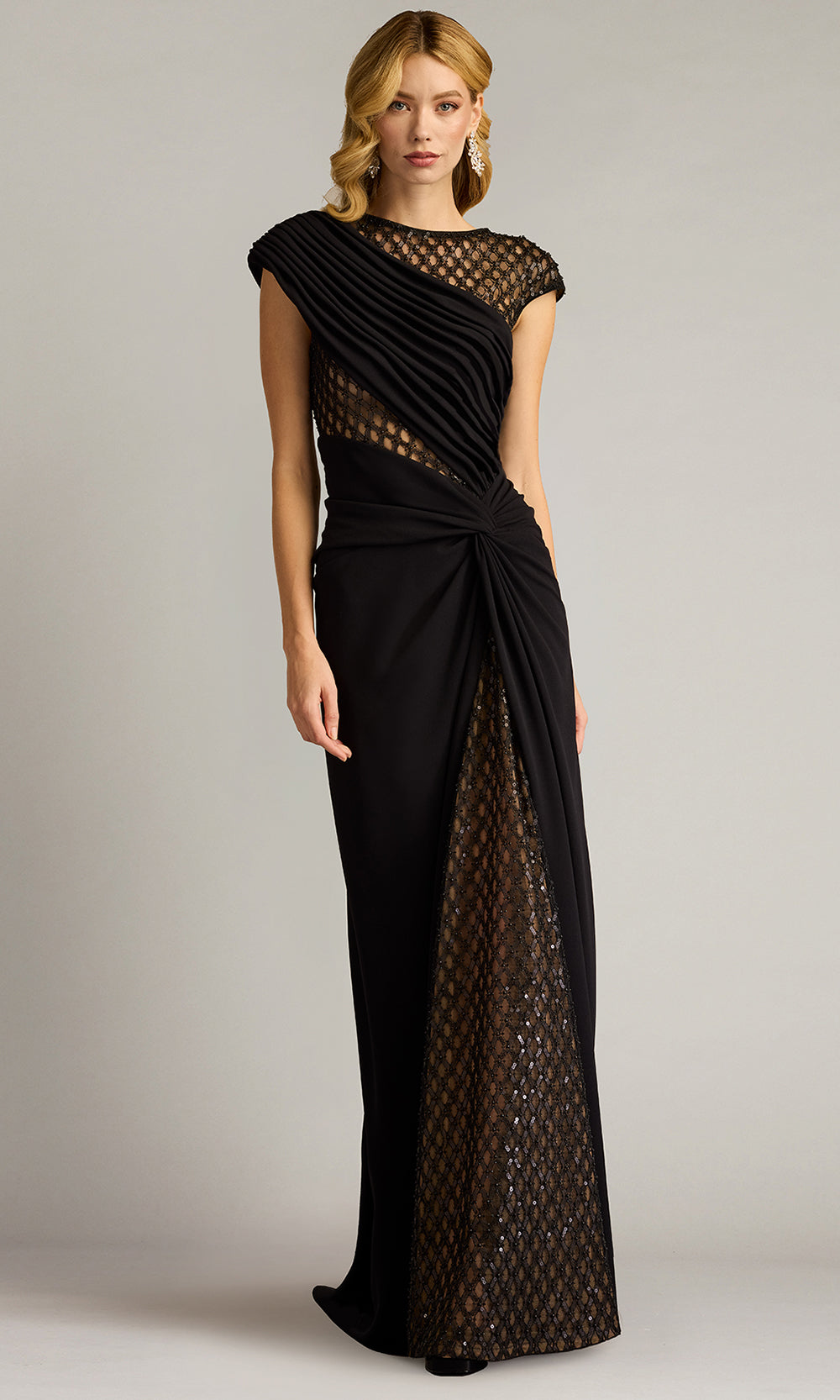 Tadashi Shoji CHI24388L - Jetta Peek-A-Boo Illusion Cap Sleeve Gown Mother of the Bride Dresses in Black  