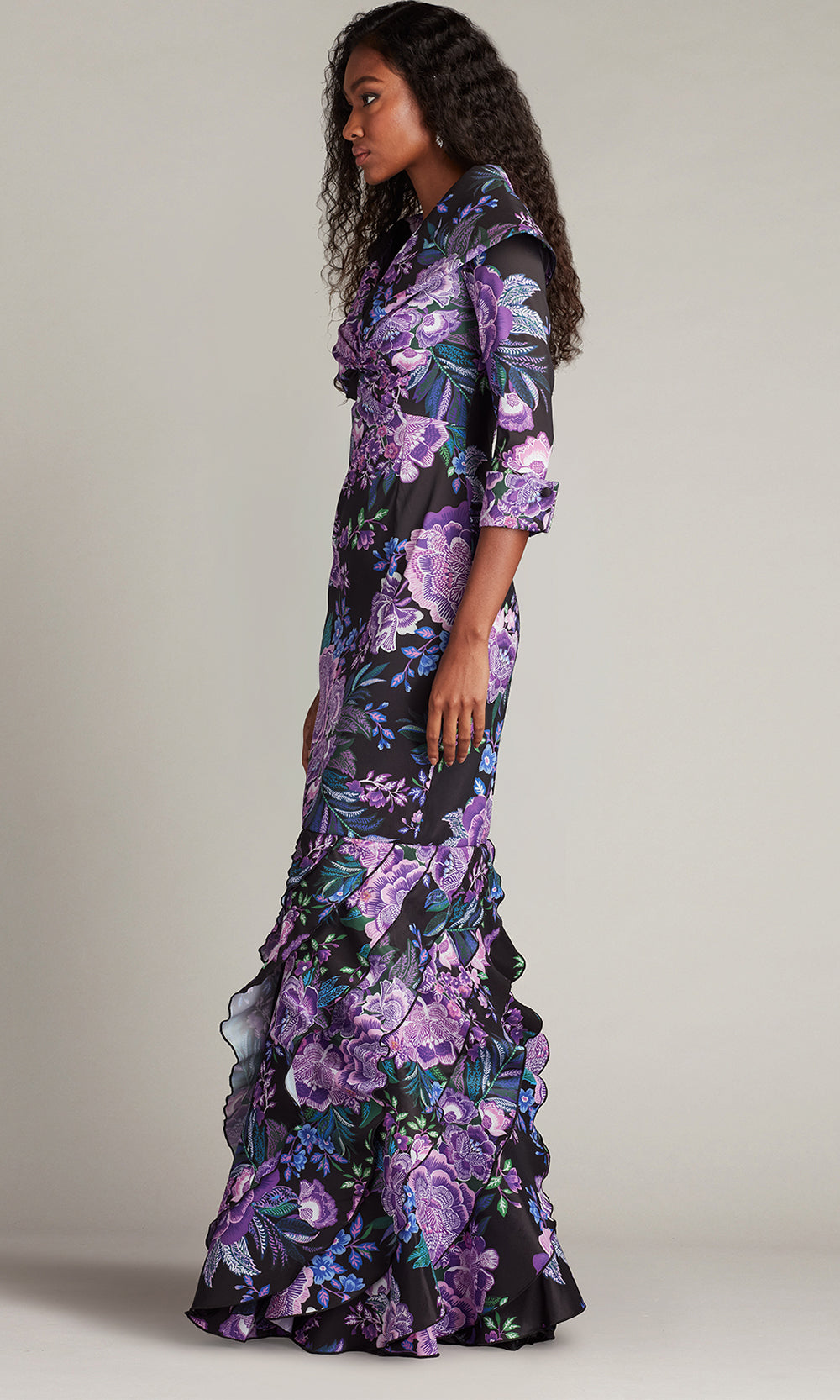 Tadashi Shoji Women's Blythe Floral Portrait Collar Gown - Purple - Size M - Black, Purple and Green Tadashi Shoji Women's Blythe Floral Portrait Collar Gown - Purple - Size M - Black, Purple and Green