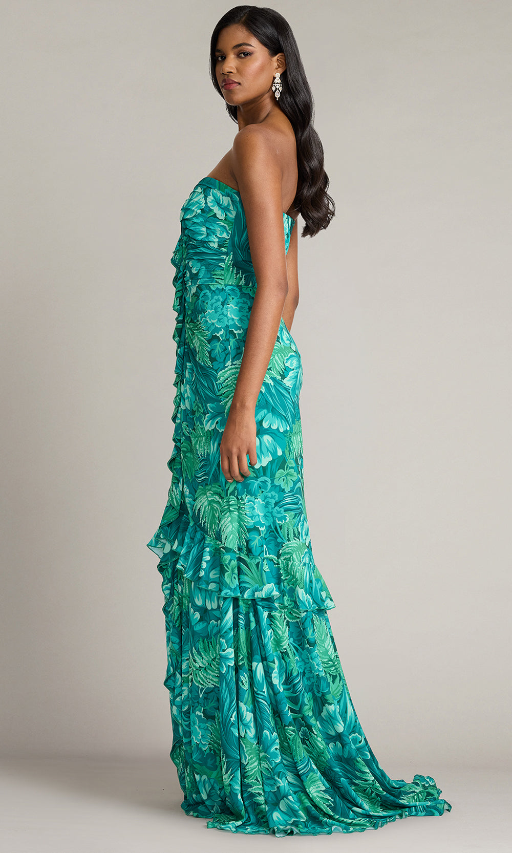 Tadashi Shoji CJR20390L - Cascading Ruffle Strapless Evening Gown Prom Dresses in Green and Multi