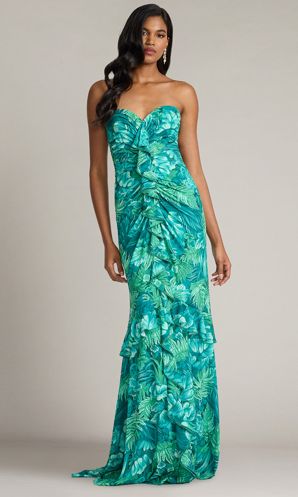 Tadashi Shoji CJR20390L - Cascading Ruffle Strapless Evening Gown Prom Dresses in Green and Multi
