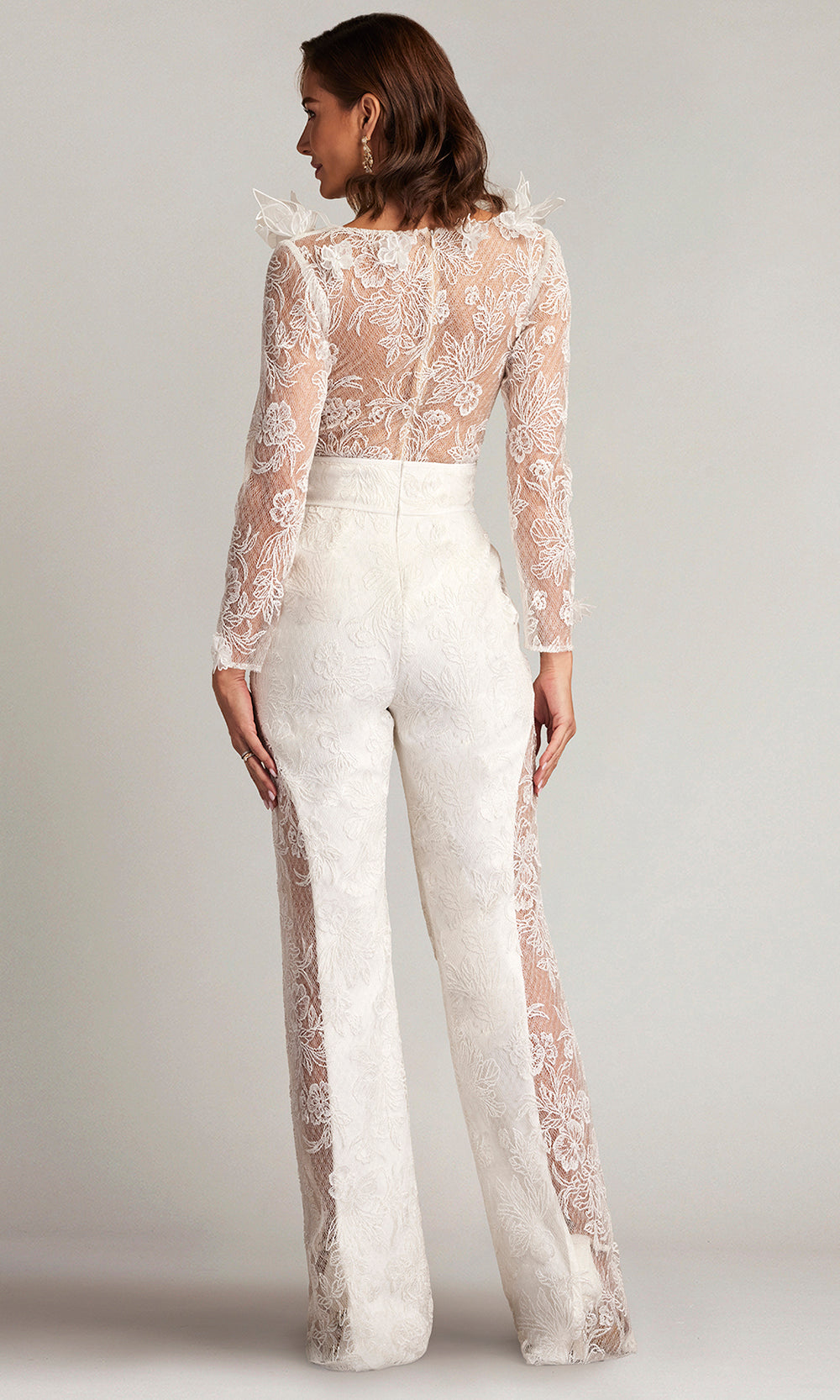 Tadashi Shoji CDV24318YBR - Enger 3D Floral Embroidered Evening Jumpsuit Formal Pantsuits in Ivory  