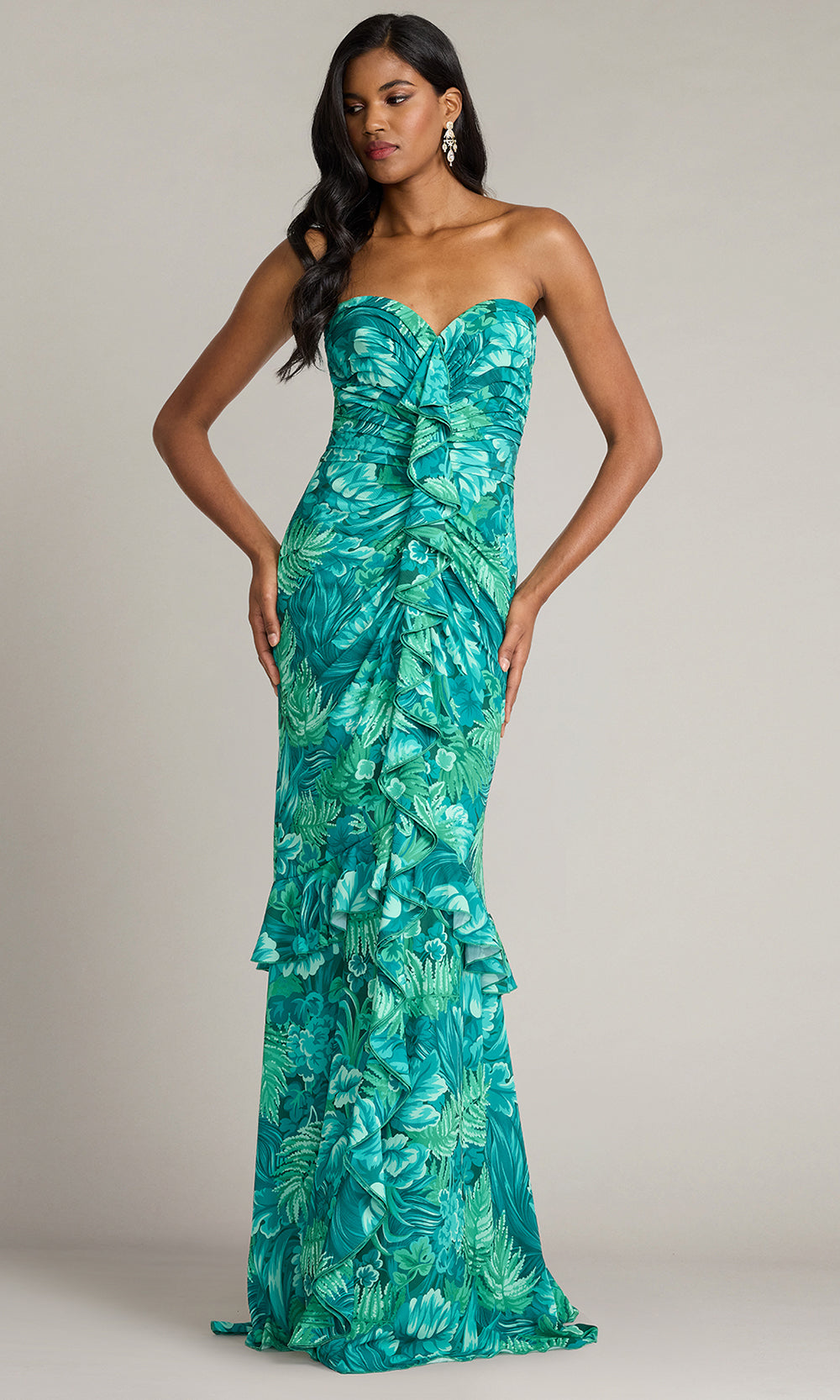 Tadashi Shoji CJR20390L - Cascading Ruffle Strapless Evening Gown Prom Dresses in Green and Multi