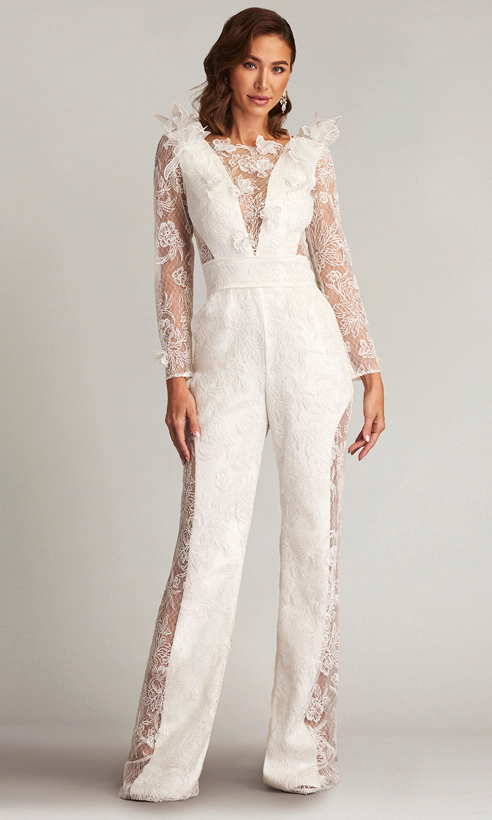 Tadashi Shoji CDV24318YBR - Enger 3D Floral Embroidered Evening Jumpsuit Formal Pantsuits in Ivory  