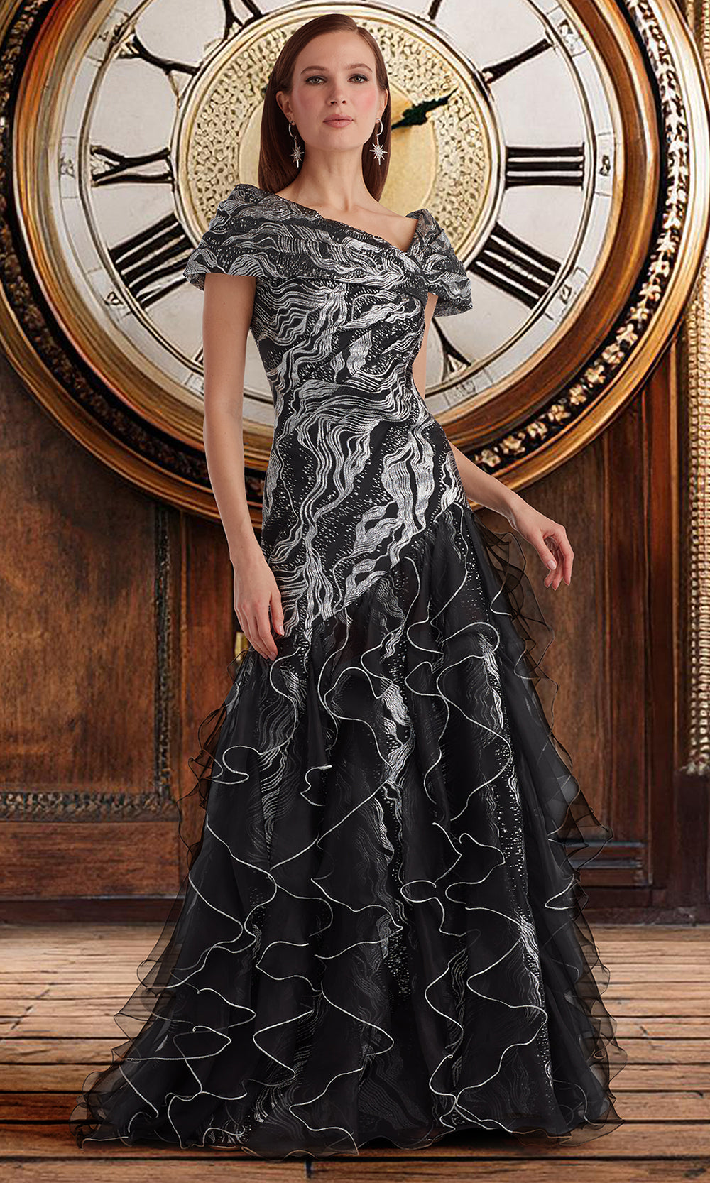 Tadashi Shoji CJB25701L - Asymmetric Cosmina Stardust Motif Ruffle Gown Mother of the Bride Dresses in Silver and Black