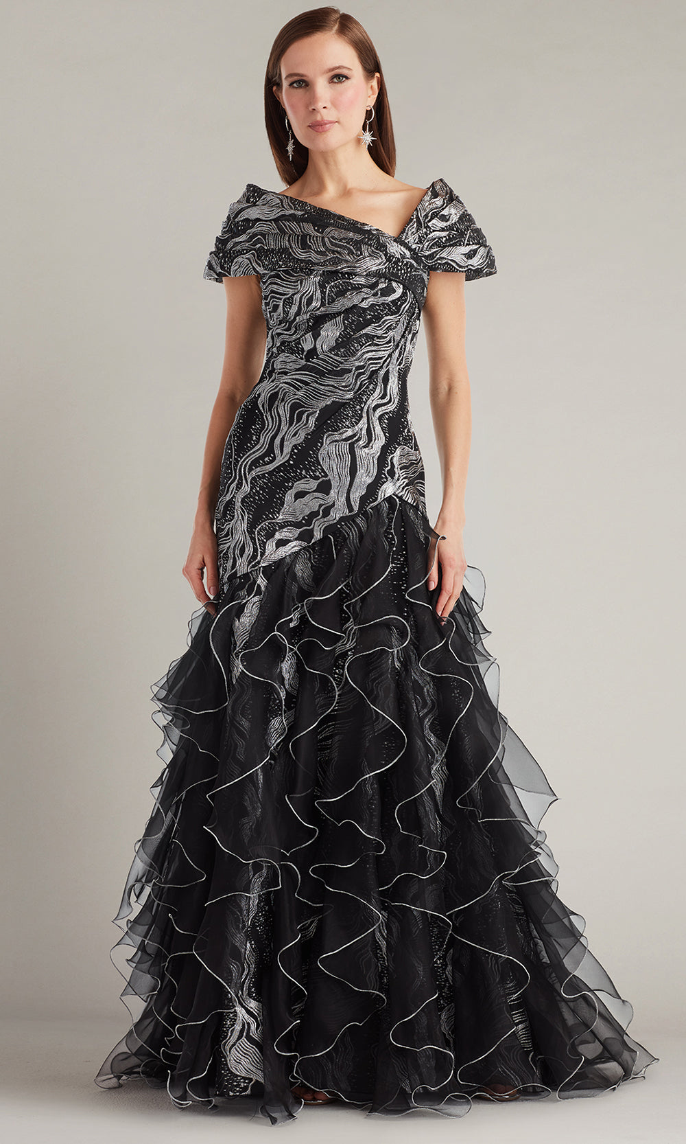 Tadashi Shoji CJB25701L - Asymmetric Cosmina Stardust Motif Ruffle Gown Mother of the Bride Dresses in Silver and Black
