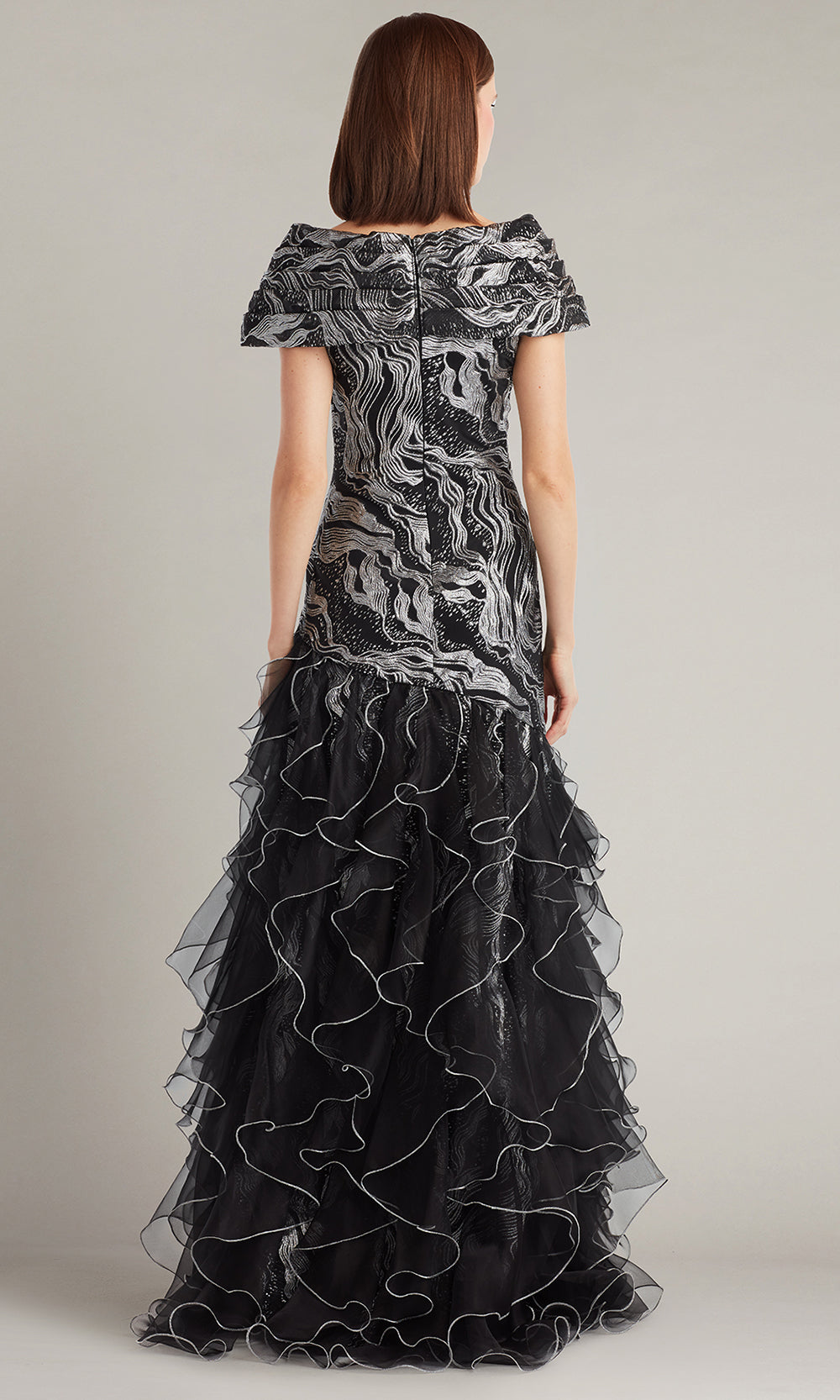 Tadashi Shoji CJB25701L - Asymmetric Cosmina Stardust Motif Ruffle Gown Mother of the Bride Dresses in Silver and Black