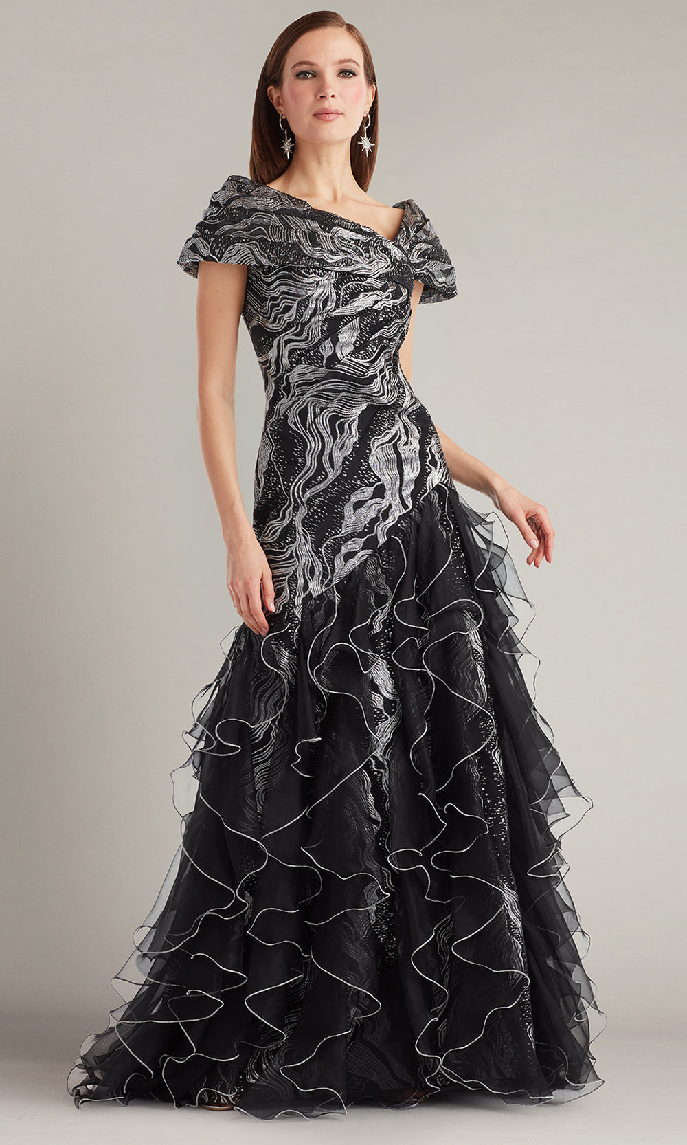 Tadashi Shoji CJB25701L - Asymmetric Cosmina Stardust Motif Ruffle Gown Mother of the Bride Dresses in Silver and Black