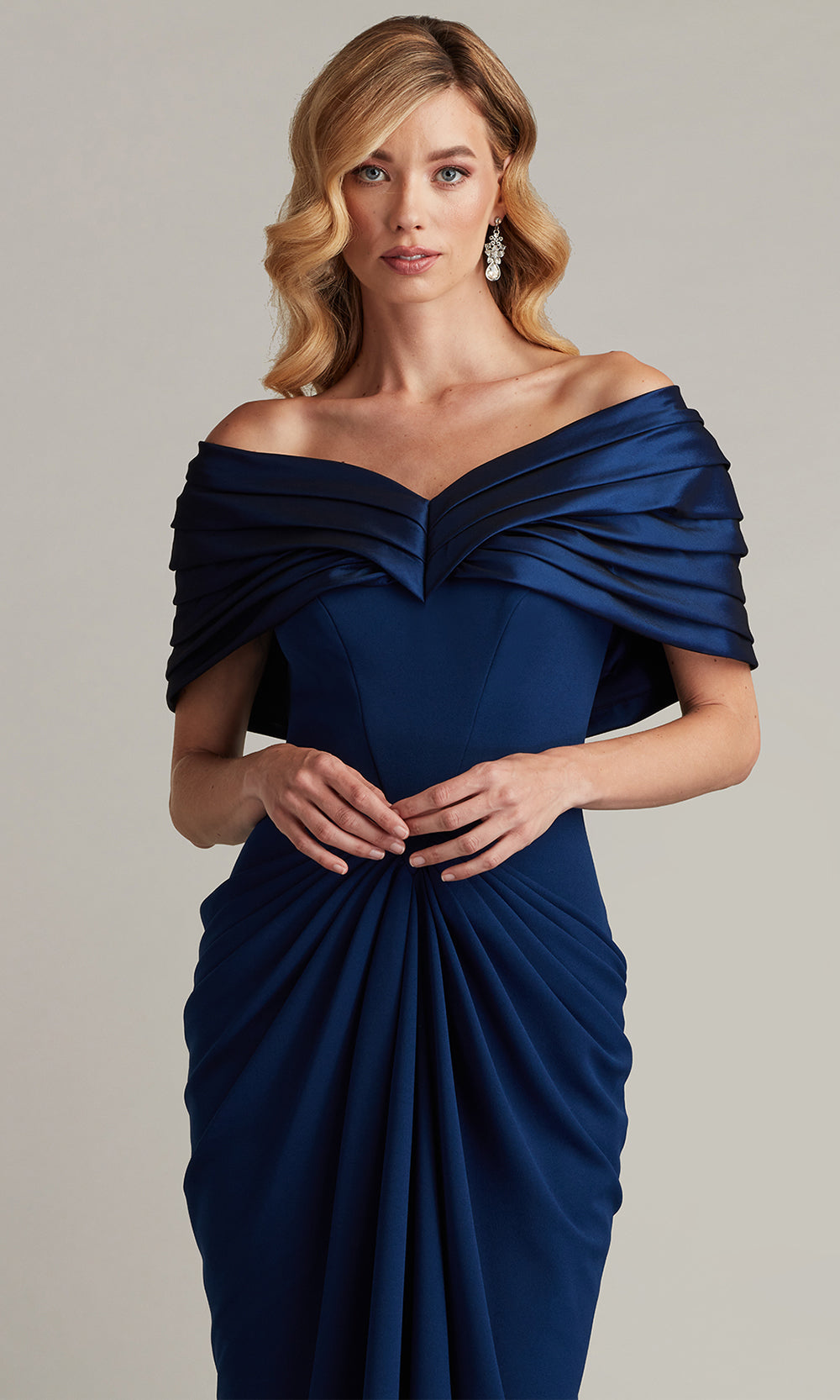 Tadashi Shoji BOS25800L - Seraphine Pleated Portrait Collar Sheath Gown Formal Gowns
