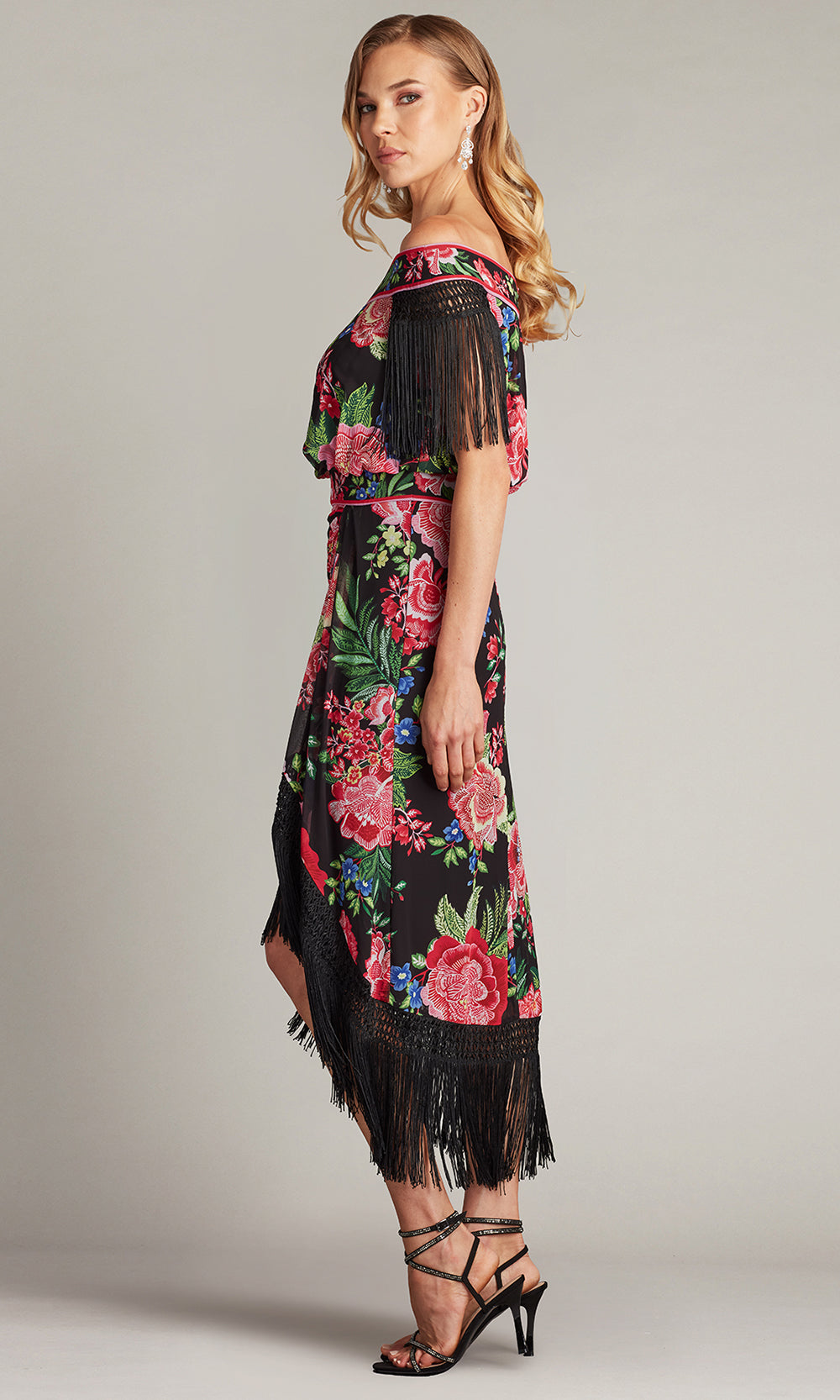 Tadashi Shoji CHZ25454MD - Off Shoulder Kaiser Floral Fringe Midi Dress Cocktail Dresses in Black and Multi