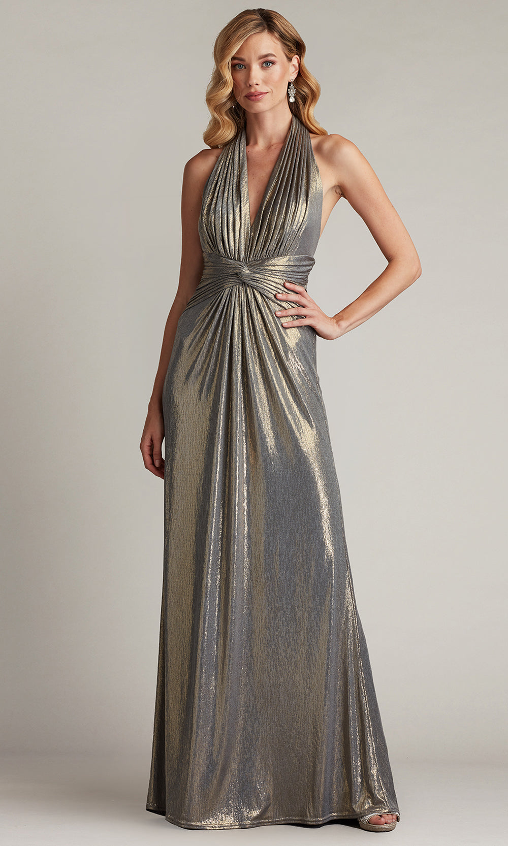 Tadashi Shoji BSJ25803L - Mona Pleated Metallic Halter Sleeveless Gown Prom Dresses in Silver  