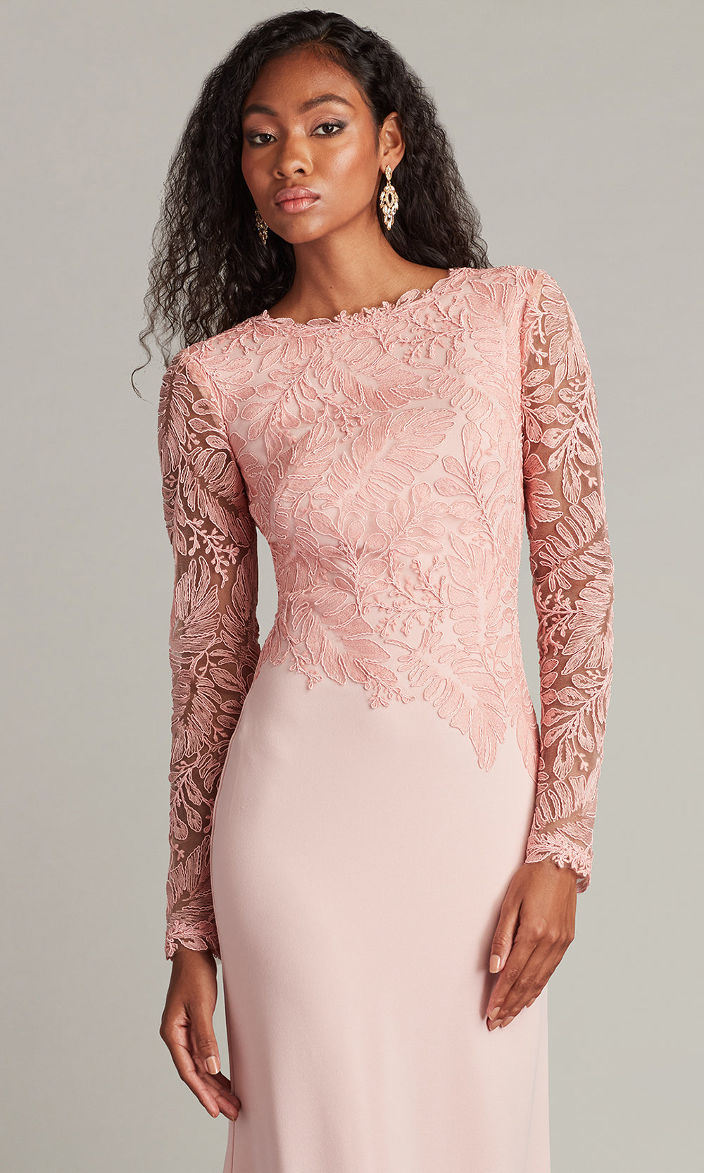 Tadashi Shoji CHU16206LXY - Caliste Embroidered Crepe Long Sleeve Gown Prom Dresses in Pink  