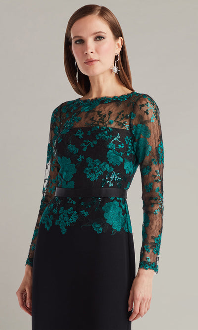 Tadashi Shoji CGU25804L - Beacon Belted Embroidered Illusion Sheath Gown Formal Gowns