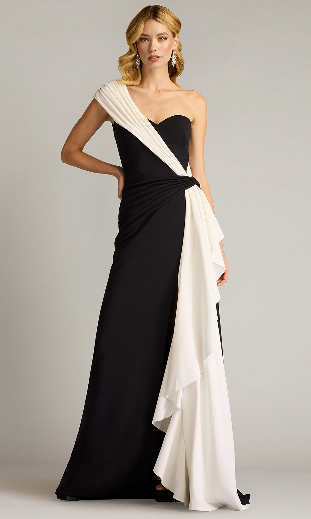 Tadashi Shoji BOS25147L - Lune Waterfall Sash Sweetheart Pleated Gown Prom Dresses in Black and White