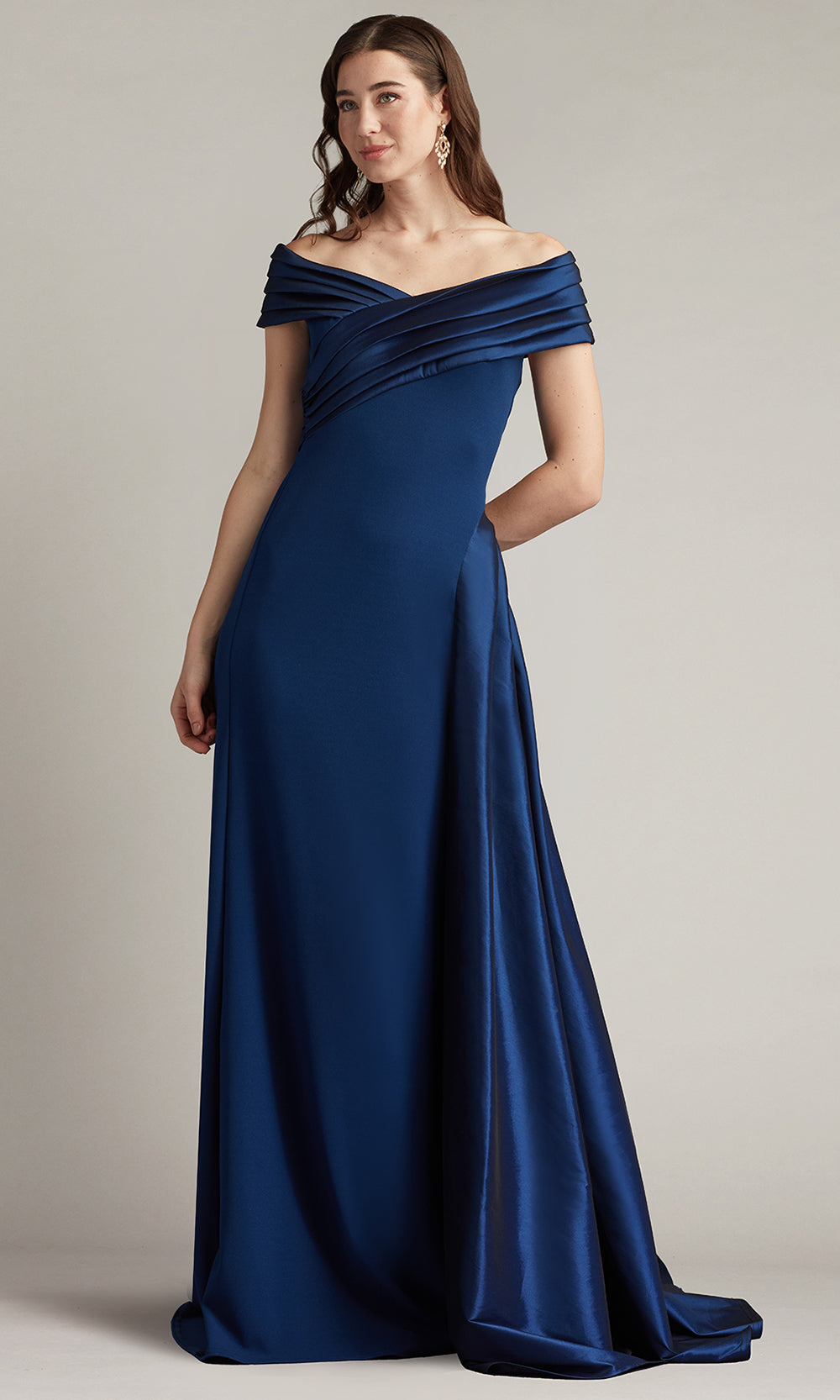 Tadashi Shoji BOS25530L - Off Shoulder Elysian Draped Overlay Train Gown Prom Dresses in Navy  