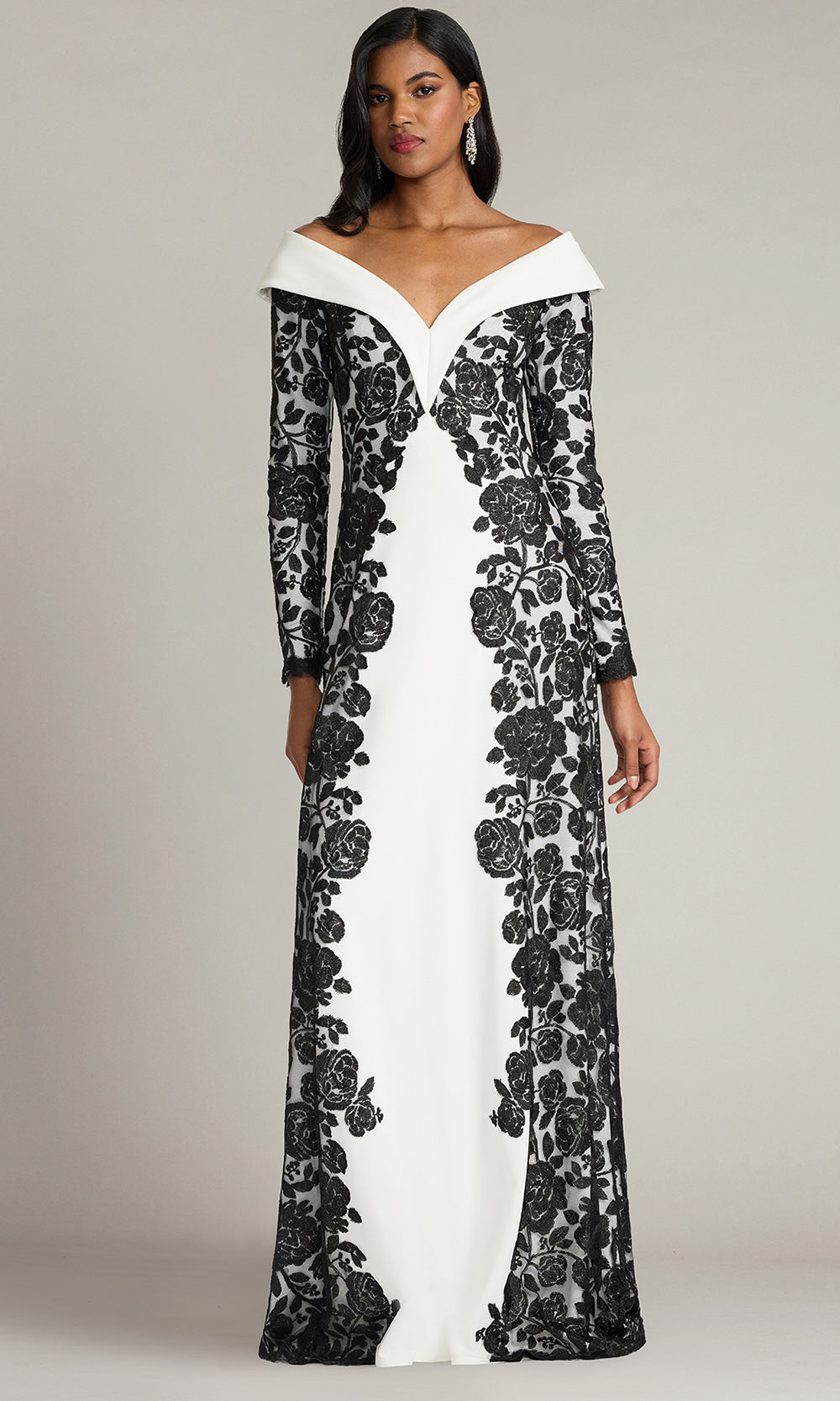 Tadashi Shoji CJH26120L - Melara Off-Shoulder Embroidered Crepe Formal Gown Formal Gowns in Black and White