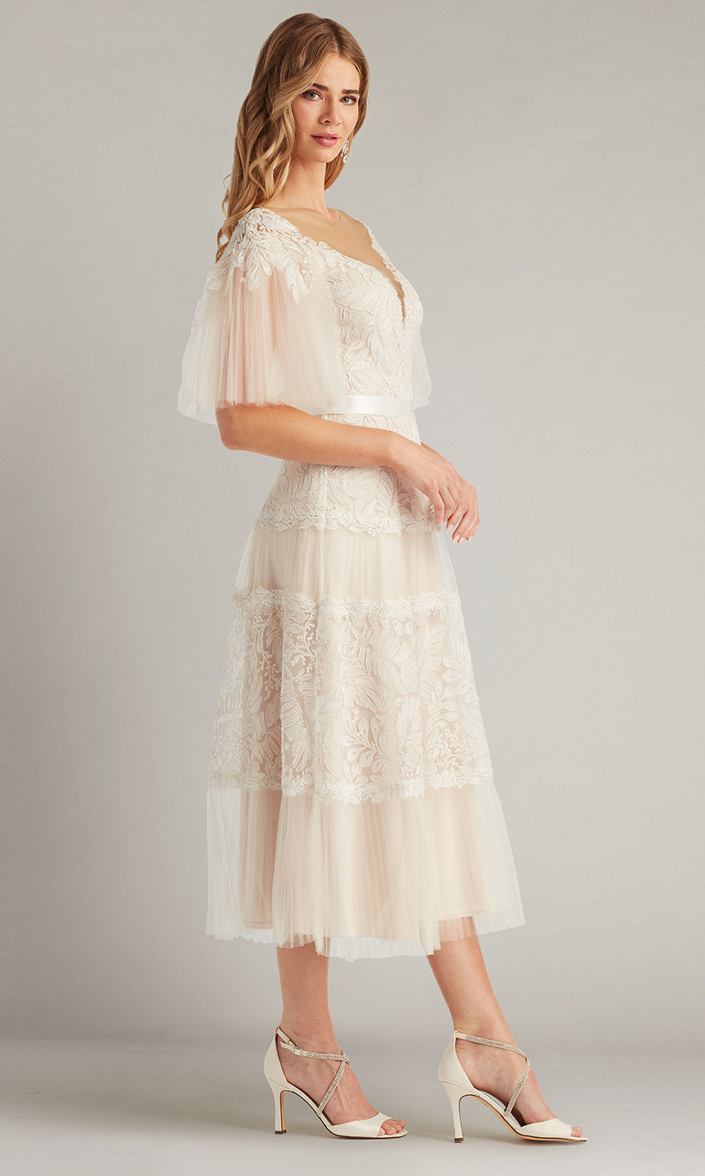 Tadashi Shoji CHU25419MDX - Illusion Neckline Embroidered Midi Dress Cocktail Dresses in White  