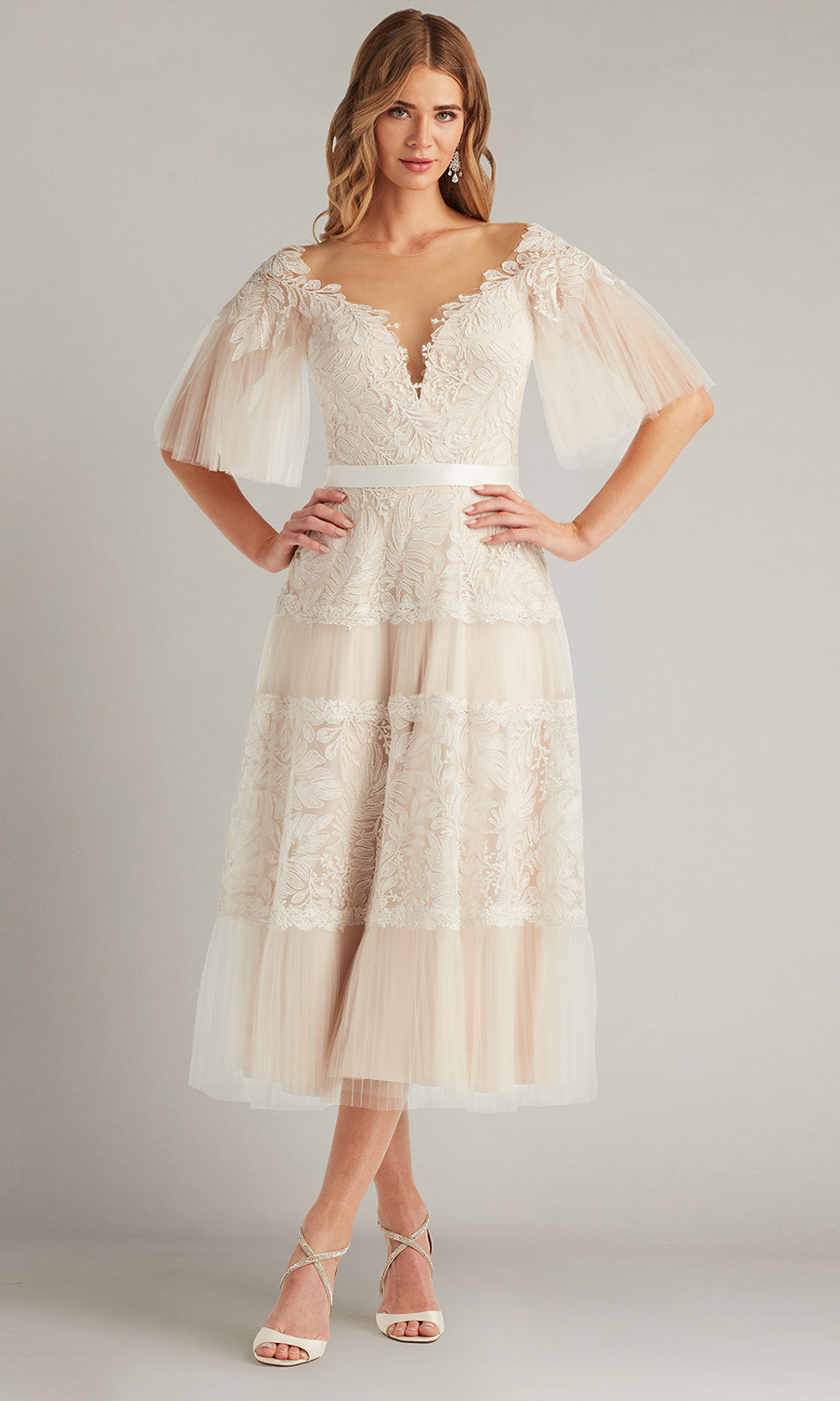 Tadashi Shoji CHU25419MDX - Illusion Neckline Embroidered Midi Dress Cocktail Dresses in White  