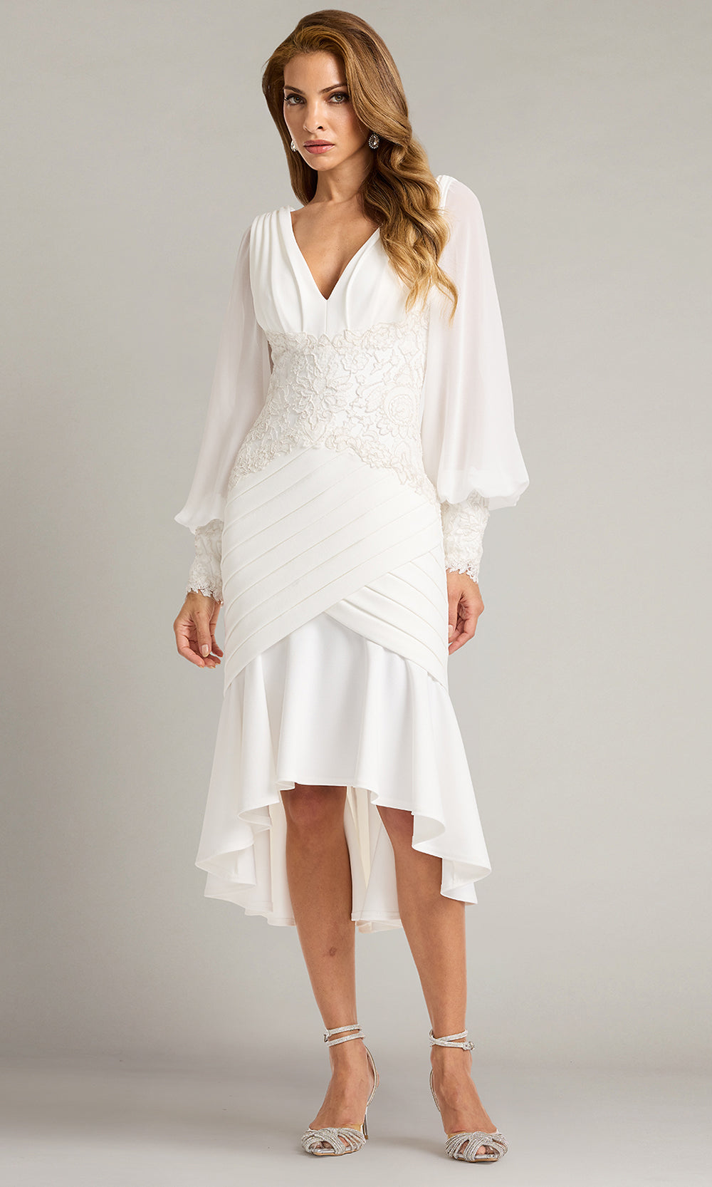 Tadashi Shoji BOS25682M - Kalina Blouson Sleeve High-Low Embroidered Dress Mother of the Bride Dresses in White  