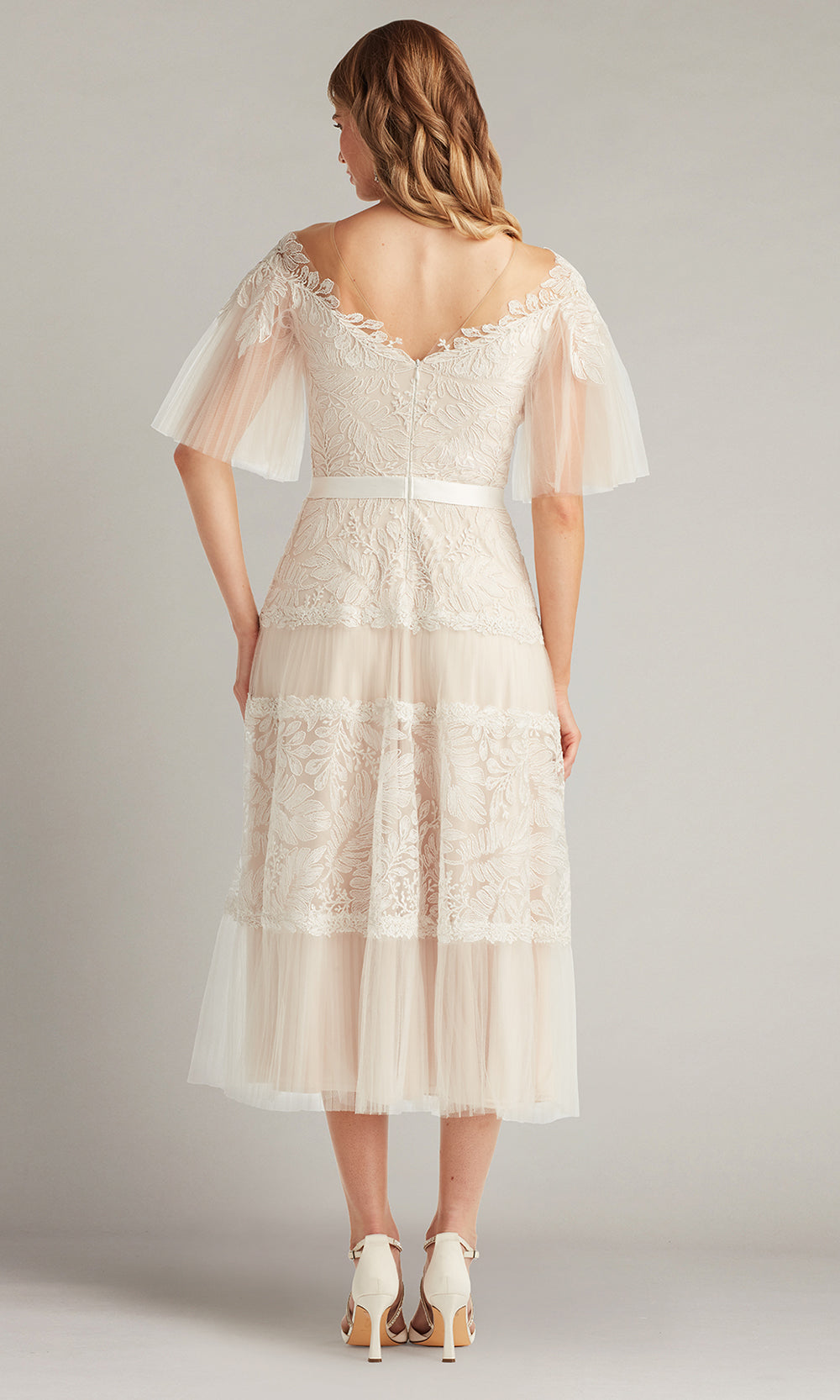 Tadashi Shoji CHU25419MDX - Illusion Neckline Embroidered Midi Dress Cocktail Dresses in White  
